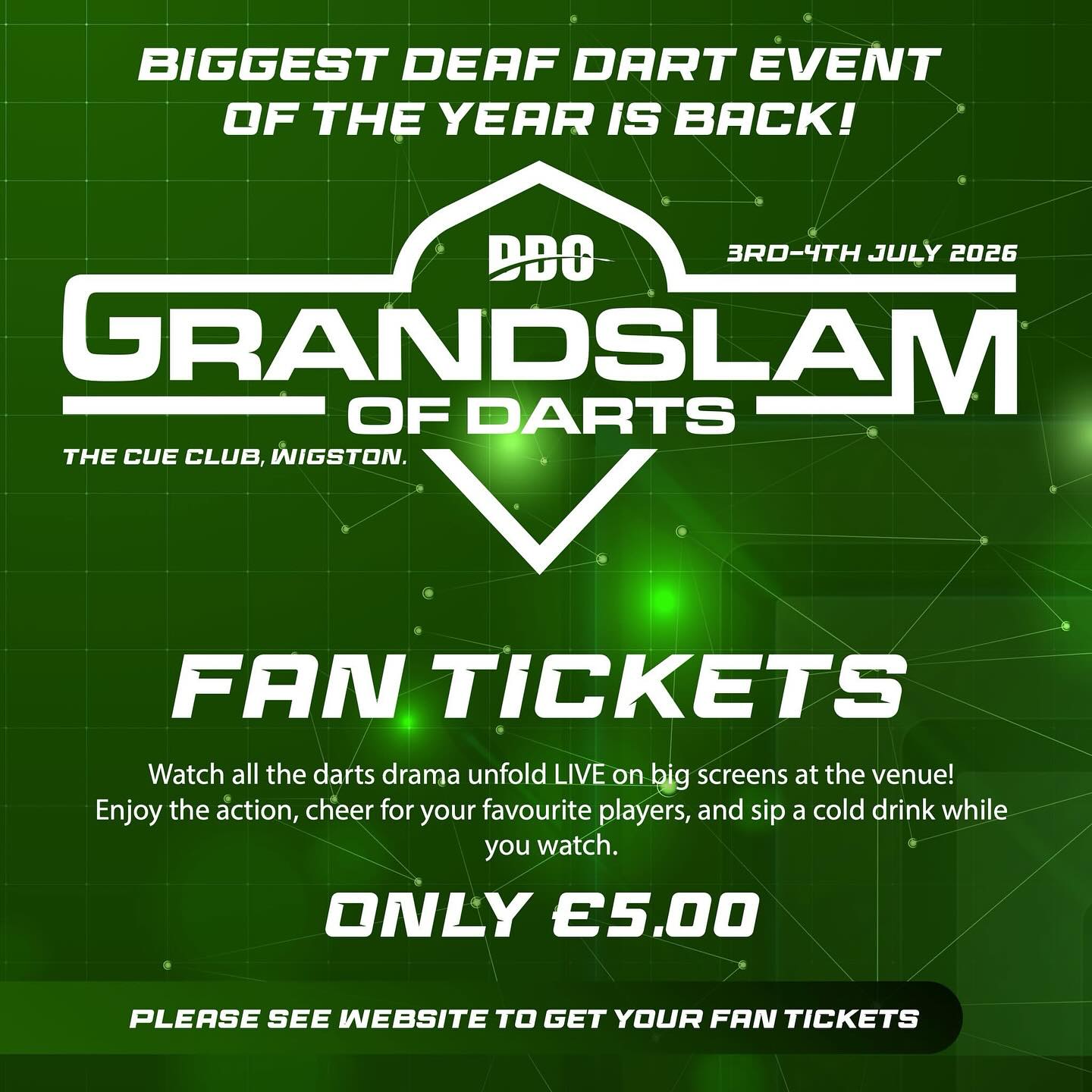 🎯 Fan Tickets Are Live! 🍻
📅 Date: 4th July 2026
🕙 Time: All day from 10am till late
🍹 Bar: Open all day with plenty of drink selections & friendly staff
Bring your friends and family, reconnect with the Deaf community, and watch all the darts action LIVE on big screens!
THE SEMI-FINALS / FINALS WILL BE LIVE STREAMED ON SOCIAL MEDIA AND ON THE VENUE’S BIG SCREEN.
💷 Only £5 per ticket – limited to 180 tickets!
🎟️ Tickets are available on our website right up until the big event!
Please share this and spread the word — let’s get everyone along to enjoy an unforgettable day! 🔥
🎟️ www.deafdarts.org (Under Tournament link / Grand Slam 26’)