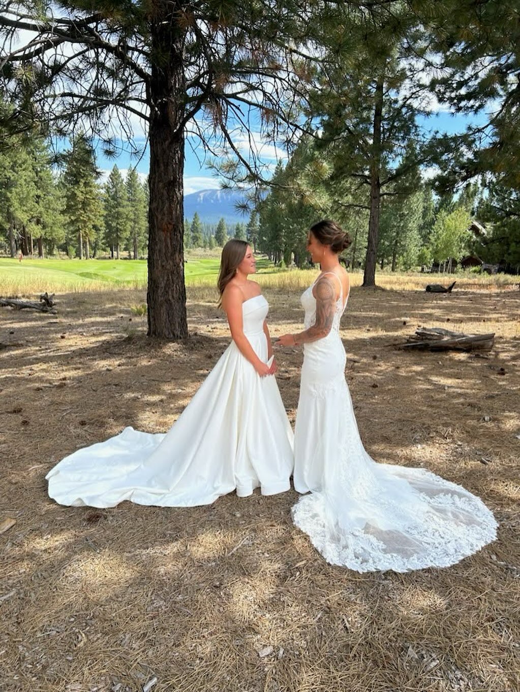 Congratulations to both of our brides! It was so fun keeping a secret of their dress choice from the other. Their dresses fit their personality perfectly! Dress on the left from our @missstellayork collection and the right from our @essenseofaustralia collection. #love