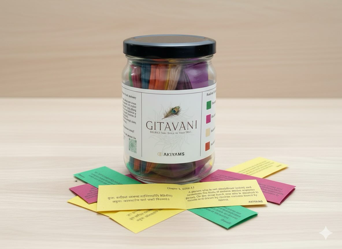 тЬи Unlock daily wisdom with 72 Gita Verses, carefully curated for clarity and inner strength.
ЁЯОи Match your mood with our 9 vibrant colors, each evoking emotions like peace, joy, or focus.
ЁЯМ┐ Elevate your space with our premium glass jar, perfect for elegant d├йcor.
ЁЯзШ Cultivate mindfulness with our meditation-friendly design, ideal for yoga and stress relief.
ЁЯОБ Share the gift of spirituality with loved ones on festivals, birthdays, and special occasions.