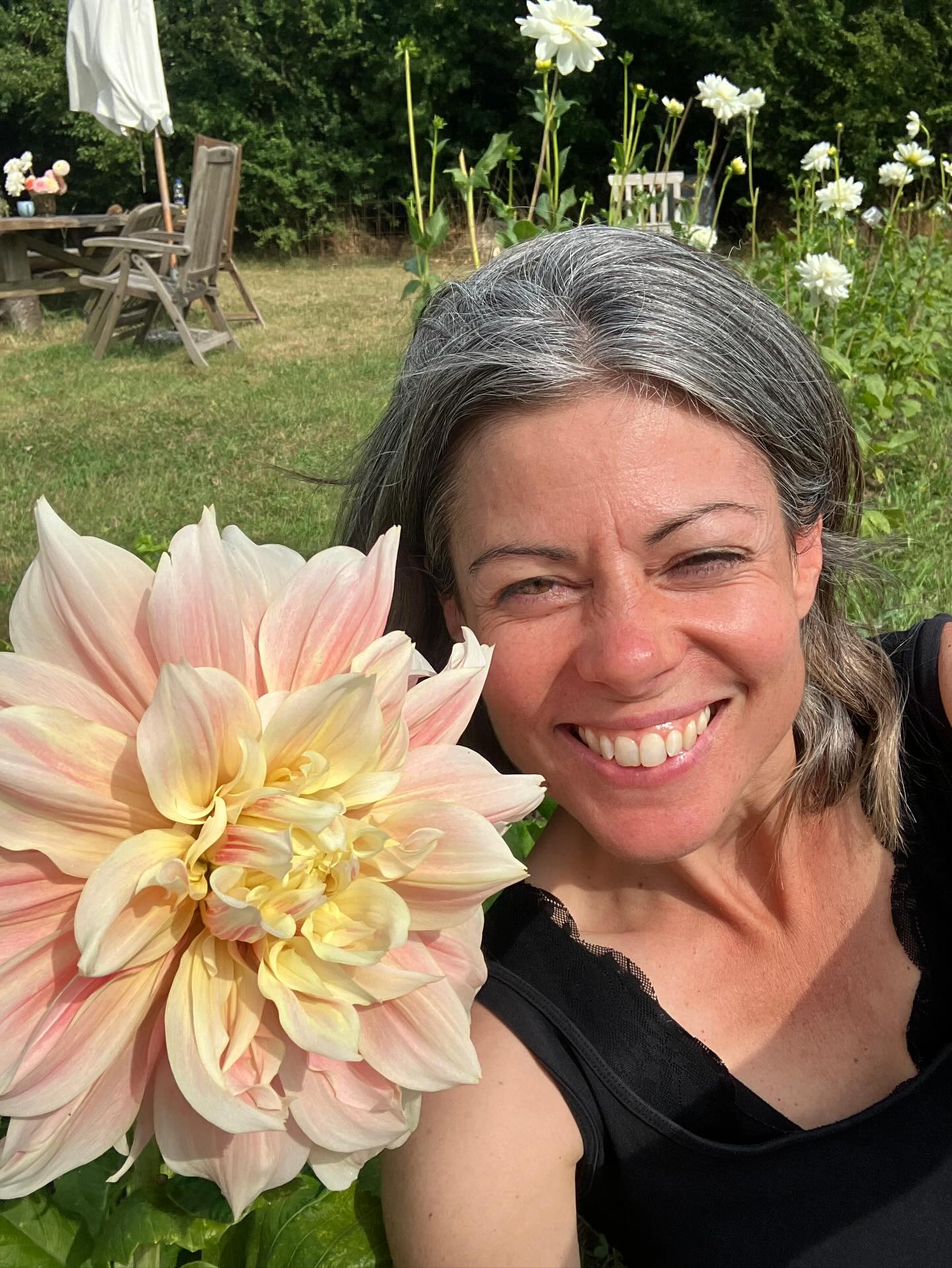 Prøv LIGE og se en kæmpe-basse af en Dahlia 😃😍😅💪🌸 (selfie-malene er kun med for skala 🫣🤪)
Den hedder Break Out og har nogle virkelig fine blomster. Den er populær i pluk-selv marken, ligesom søster Café au Lait, og det forstår vi virkelig godt!
Derudover står det hele bare så godt lige nu, vi må vande for det er godt nok tørt. Men blomsterne elsker sol, sol, sol 😎🌞🌸💚