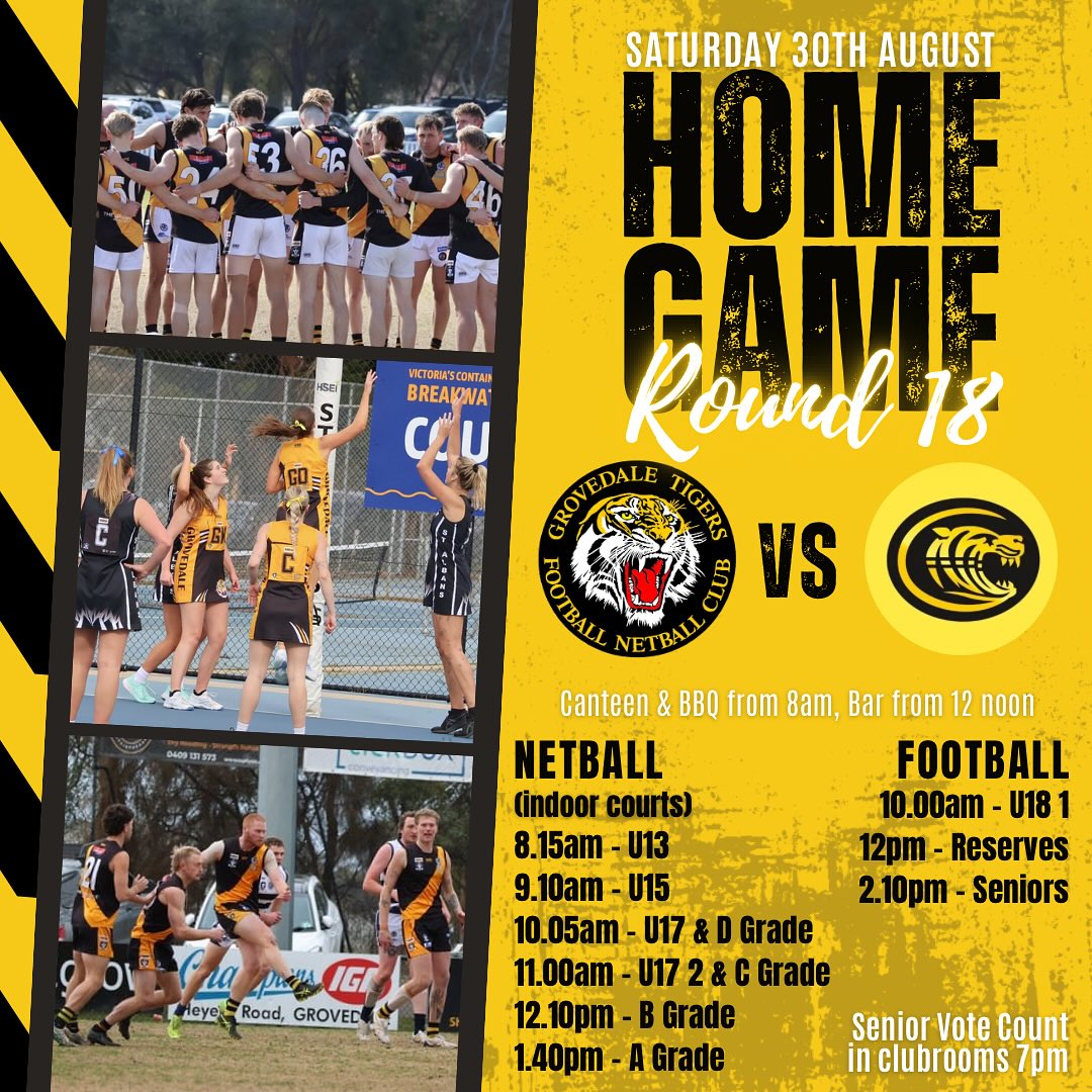 Get ready for a massive weekend! Saturday we are at home against Colac in the last home and away round for the season, followed by our Senior Football & Netball vote count Saturday Night. Sunday is Grand Final Day for our Senior Women.
Let’s Go Grovey 🐯