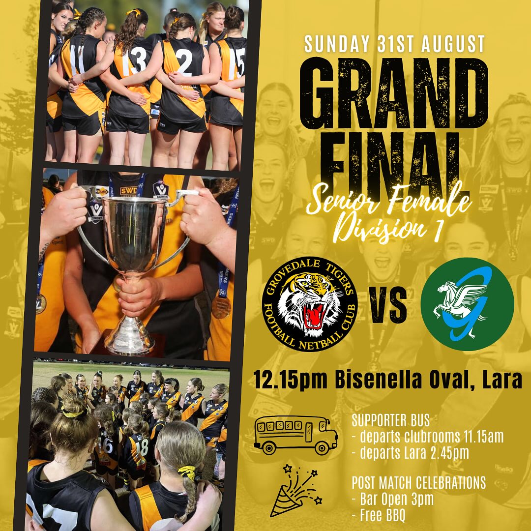 🟡⚫️GRAND FINAL DAY🟡⚫️
We’re off to Lara this Sunday for the Senior Women’s Grand Final!!! And everyone is invited. Let’s get around the girls and show our support 💪
Ride with us on the SUPPORTER BUS 🚌
Departs Grovedale Clubrooms 11.15am
Return trip departs Lara approx. 2.45pm
Comment below to secure your seat
Join us after for POST MATCH CELEBRATIONS 🎉
Grovedale Clubrooms and Bar Open from 3pm
Free BBQ provided
Strictly no BYO
Wear your yellow and black and cheer our girls on as they go back to back 💛🖤