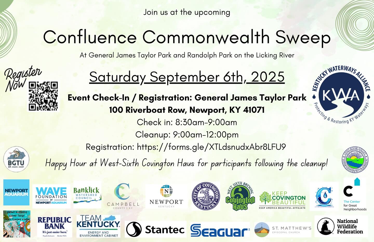 We are excited to announce we are partnering with the Kentucky Waterways Alliance (@kwalliance) and a number of other incredible organizations for an early Fall River Sweep!!
Please join us on Saturday, September 6th, for a cleanup of the Licking River shoreline. Volunteers will have the option to clean the Newport bank (starting at General James Taylor Park) or the Covington bank (starting at Randolph Park). A happy hour at West Sixth Brewing will follow the event. The link to register (+more details) is in our bio. Hope to see you there!