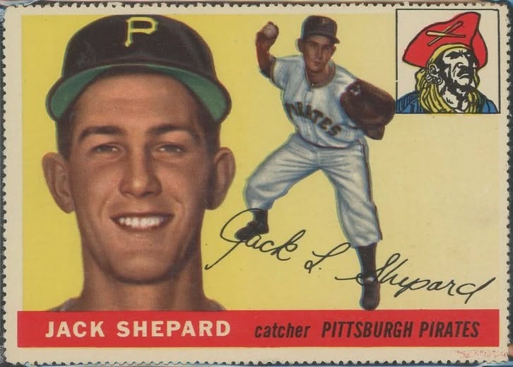 1955 Topps Stamps Jack Shepard
Stamp collecting was a popular hobby in the 1950s. Always eager to please, Topps developed a set of baseball stamps in 1955. They are shrouded in mystery. They were a test set that may never have been sold in stores. The Standard Catalog of Vintage Baseball Cards lists 24 stamps in the set; the author of the excellent blog, TheToppsArchives, believes there are 40 stamps in the set. Only 16 stamps have been graded by PSA. The stamps are the same size and have the same front as the regular 1955 Topps cards. The back is blank with a stamp-like adhesive.
We recently acquired this card. Pirates catcher Jack Shepard’s career was as unusual as a 1955 Topps stamp. He retired in 1956 at age 25 after a three-year career. He could have continued to play major league baseball, but decided to give it up and go into business, where he was quite successful.
#vintagebaseballcards #topps #1955topps