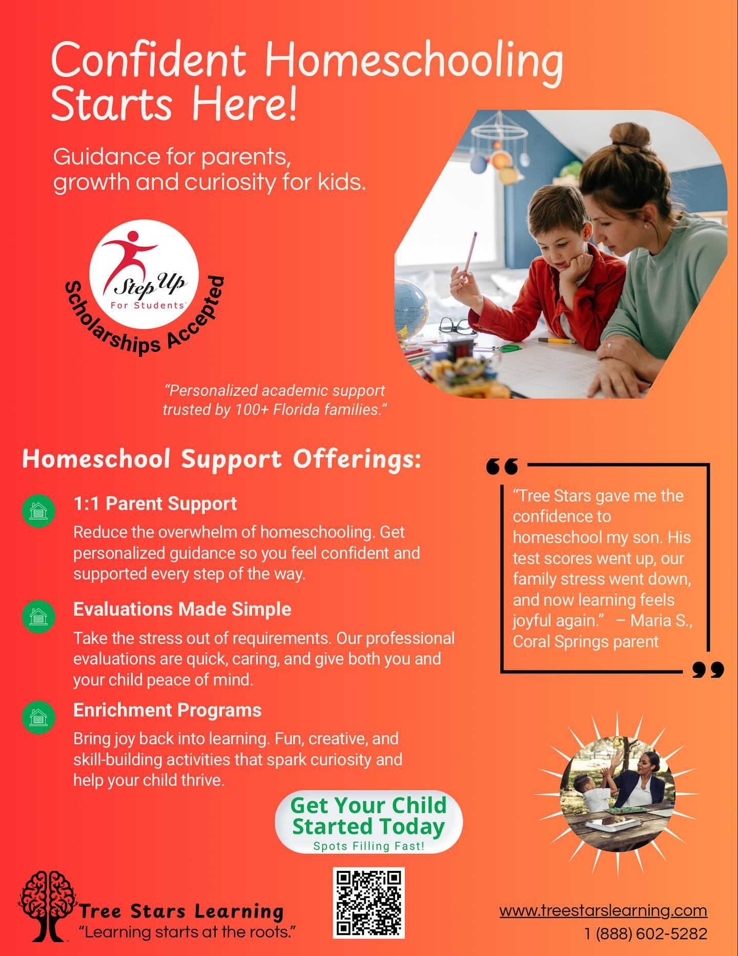 🌟 Thinking about homeschooling your child? 🌟
At Tree Stars Learning, we’re here to support families every step of the way! 💡✨
✅ One-on-one parent support
✅ Annual homeschooling evaluations (Florida-approved)
✅ Engaging enrichment programs for elementary students
✅ We are proud Step Up for Students providers
Whether you’re just starting or continuing your homeschooling journey, we can’t wait to partner with you to help your child grow and succeed! 🌱📚
👉 Visit our website for more details and to get started today!
#HomeschoolSupport #ElementaryLearning #StepUpForStudents #TreeStarsLearning