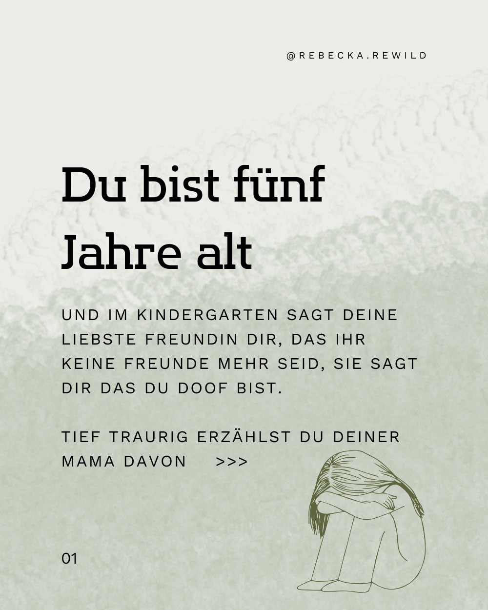 Ich habe in meiner Schulzeit auch die Erfahrungen gemacht, dass ich von jetzt auf gleich nicht mehr mitspielen durfte, das ich geärgert wurde ohne den Grund zu kennen. Ich habe mich damals nicht den Erwachsenen anvertraut, ich hatte Angst das es schlimmer wird, ich habe einfach ausgehalten und meine Gefühle verschlossen.
Ich weiß nicht ob ich ähnliche Erfahrungen im Kindergarten gemacht habe wie in den Slides beschrieben, ich kann mich nicht erinnern.
Aber ich weiß, das es vor 30 bis 40 Jahren noch normal war Kindern ihre Empfindungen abzusprechen oder die Gefühle "wegmachen" zu wollen um nicht selbst mit dem Schmerz in Berührung zu kommen. Unabhängig von der Situation.
Ich habe als Teenie nie mit Tomaten geworfen, aber ich weiß wie es ist wenn man immer darauf bedacht ist nicht auch zum Opfer zu werden. Ich weiß wie es ist wenn man immer versucht eine Rolle zu spielen die gut ankommt.
Ich habe auch oft noch den Impuls, meinen Kindern zu sagen, dass etwas "nicht so schlimm" ist und krieg dann meistens noch die Kurve - weil es wichtig ist, das unsere Kinder ihre Gefühle nicht wegsperren.
Das können sie von uns lernen und es fängt damit an das wir uns um unsere Emotionen kümmern und um die Geschichten, die mit ihnen verknüpft sind.
In Deep Powerful Roots begeben wir uns auf die Suche nach genau diesen Geschichten und Emotionen.