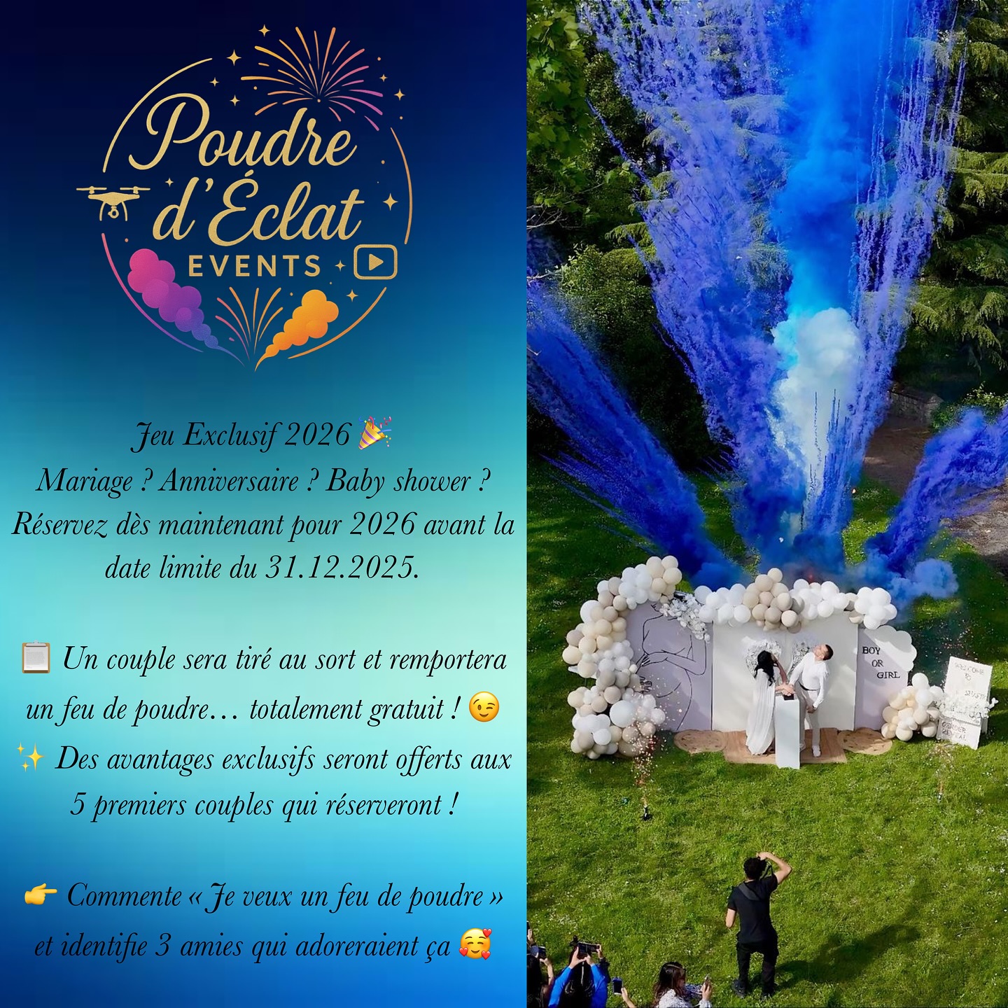 🎉 JEU EXCLUSIF 2026 🎉
Mariage 💍 | Anniversaire 🎂 | Baby Shower 👶 | ou tout autre événement ✨
👉 Réservez votre événement pour l’année 2026 avant le 31 décembre et participez automatiquement à notre tirage au sort !
🎁 À gagner : un show poudre colorée OFFERT 🌈🔥
Un spectacle unique, une explosion de couleurs et d’émotions pour émerveiller vos invités ✨
📅 Réservez vite, une seule date sera tirée au sort pour 2026 !
📩 Infos & réservations : contact.poudreeclatevent@gmail.com
📞 07 60 08 65 57