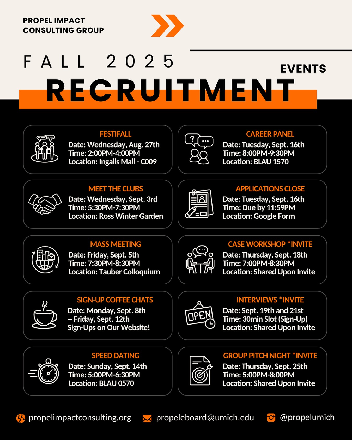 Propel F25 Recruiting Schedule!
Here is the timeline of our fall semester recruiting cycle. We cannot wait to meet and get to know everyone at each of our events this recruiting season!