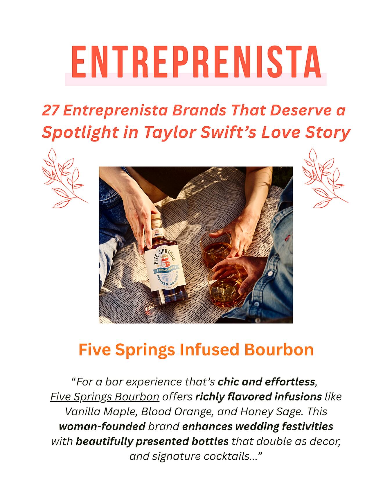 Some things at your wedding are non-negotiable… and a delicious, top-tier signature drink is one of them. 🥃💍✨
We are thrilled to be featured in @entreprenistas’ roundup of must-have female-founded brands they say deserve to be at America’s next royal wedding 👑 (cheers, Tay & Travis! 🥂).
Could a blood orange spritz make a surprise appearance at the Kelce “I dos”? We’re not saying it will… but we’re not saying it won’t either. 😉
#InfusedBourbon #WeddingCocktails #CraftBourbonCocktails #RoyalWeddingVibes