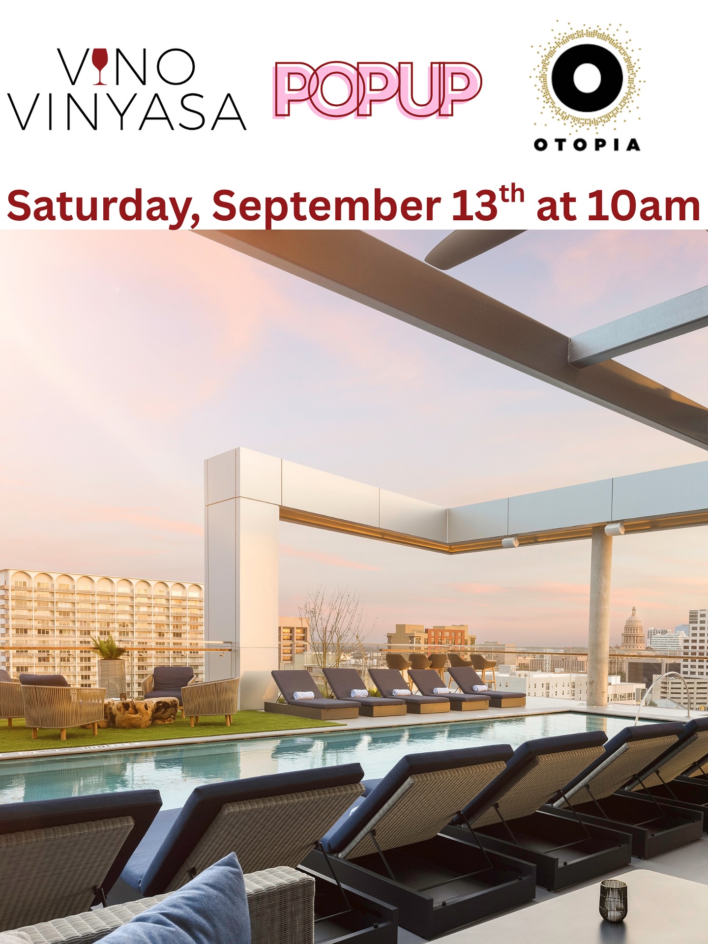 Join us on Saturday, September 13th at 10am at the lovely Otopia Rooftop in the The Otis Hotel Austin, Autograph Collection for a pop-up rooftop yoga and wine class! All students will receive a gift card for a free appetizer at Otopia Rooftop or Acre 41 after class. 🧘🏽♀️🥂🏙️
The Vino Vinyasa experience brings together vinyasa-based yoga and fun wine facts through creative yoga poses. Each all-level educational yoga class ends with a comparative wine tasting of two wines, inviting you to mindfully taste what’s in your glass while applying what you learned through the poses.
The Michelin Guide recommended The Otis Hotel as the best hotel near UT Austin, so come check it out! Link in bio.