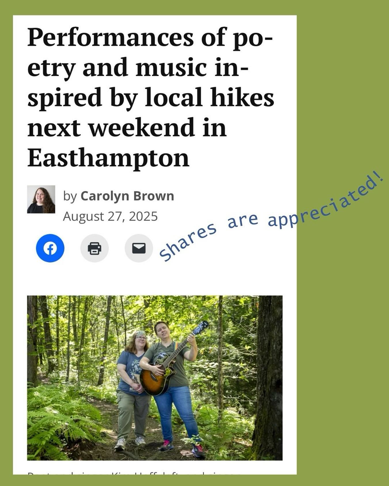 🌿✨ Echoes of Nature / Echoes in Community ✨🌿
📅 Saturday, Sept 6 | 🕖 7–9 PM
📍 EMedia Studios, 116 Pleasant St, Easthampton (Eastworks)
🎟 Free & open to all
As part of Easthampton Art Walk, we’re gathering for a night of music + poetry that leans into nature, grief, resilience, and renewal.
Article link 🔗 in bio
Echoes of Nature (7–8 PM)
🎶 Jess Martin – singer-songwriter
📝 Kim Hoff – poet + educator
Original work inspired by the landscapes + community of Hampshire County
Echoes in Community (8:05–9 PM)
Featuring powerful voices from our local poetry scene:
✨ Carolyn Zaikowski (Easthampton Poet Laureate, featured reader)
✨ Carolyn Cushing (former Poet Laureate)
✨ JuPong Lin
✨ Isabella Gitana
✨ Kathryn Good-Schiff
Together, we’ll create space for reflection, healing, and connection.
🎥 Recorded live by E*Media
💚 Free entry • Doors 6:45 PM
🌐 jessmartin-music.com
This program is funded in part by grants from the Amherst, Belchertown, Easthampton, and Williamsburg Cultural Councils, local agencies supported by the Massachusetts Cultural Council, a state agency.
@juponglin @kimbahoff123 @easthamptoncityarts @easthamptonporchfest @easthamptonmedia @ehlibrary @carolyn_cushing @thndrkat
#easthamptonartwalk #echoesofnature #poetryandmusic #queerartists #communitycare #westernmassarts