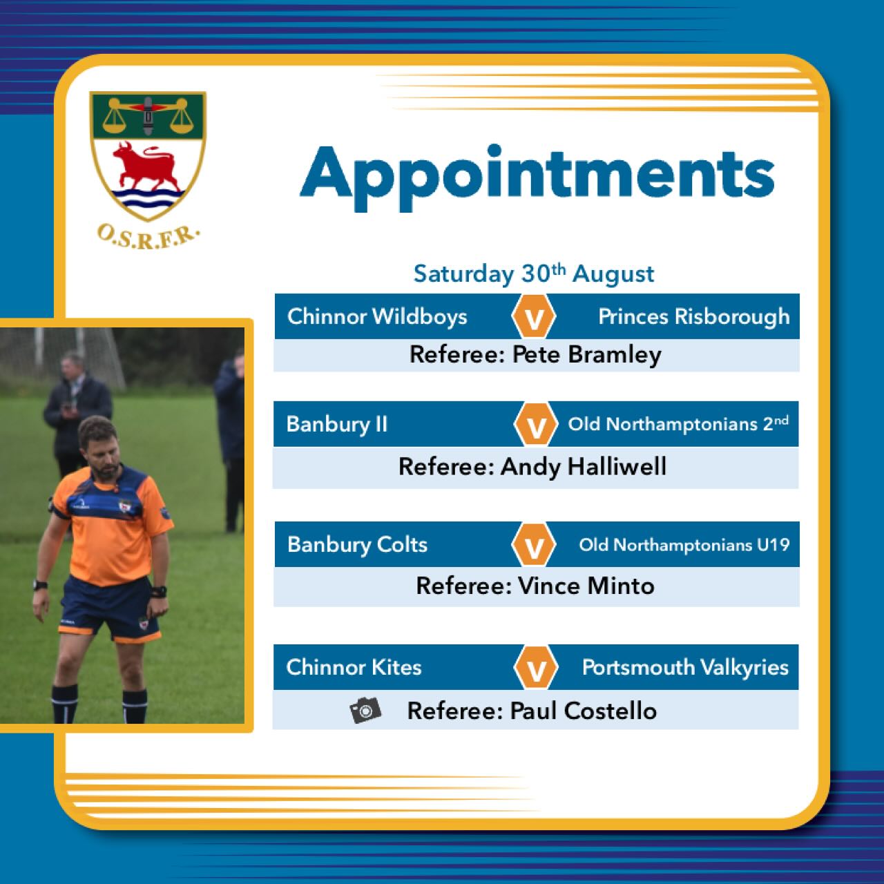 Ooops! Who else spotted that I potentially put poor @gouldyer in two places at once? To be fair, he could’ve had back to back games, but we’re not quite that short of referees (yet! We are always recruiting - check out our bio link).
Anyway, updated again for our Saturday appointments.