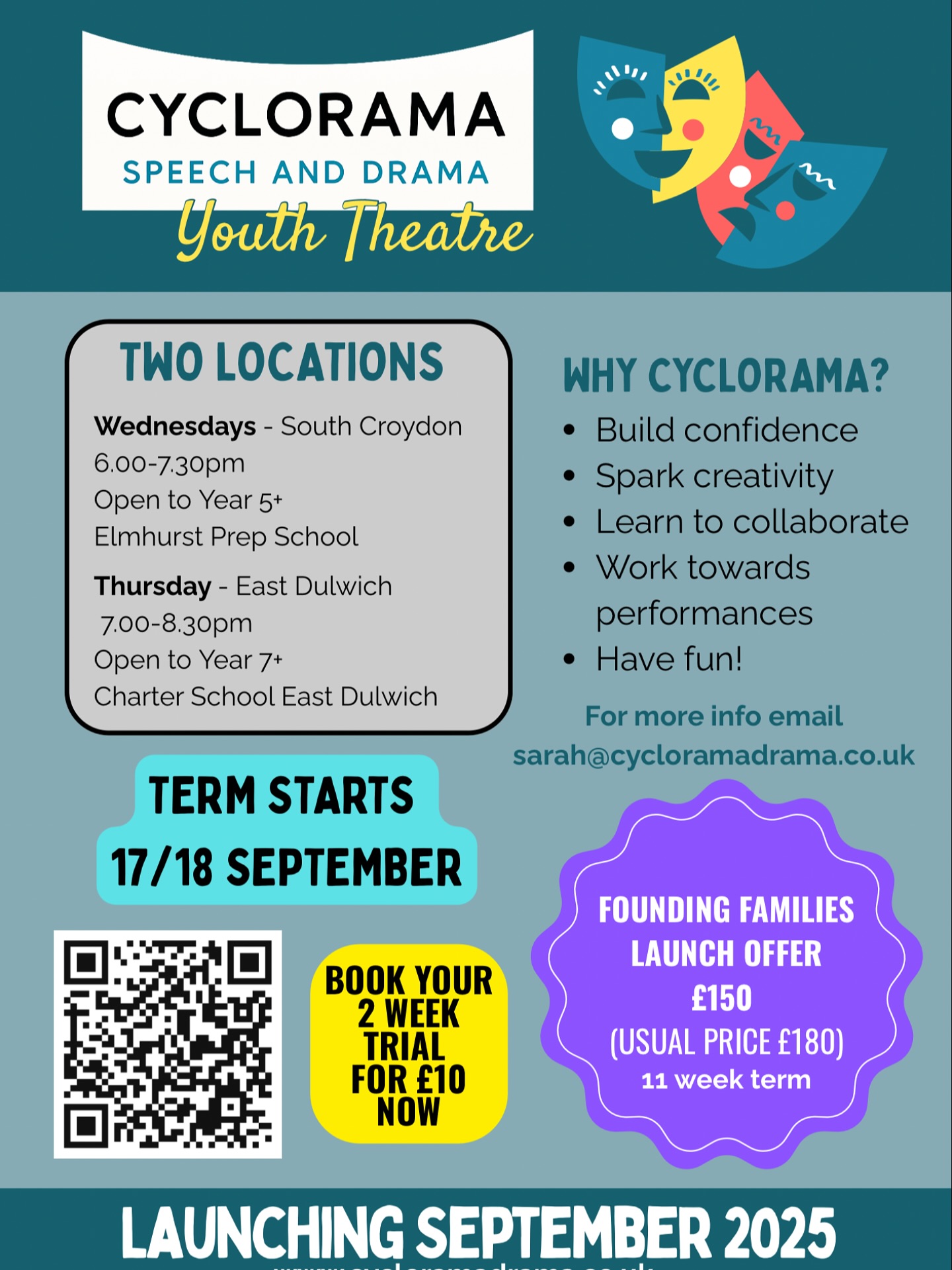 ✨ BOOKINGS NOW OPEN ✨
Cyclorama Speech and Drama is launching our brand new Youth Theatre this September, with evening classes in South Croydon and East Dulwich.
A fun and inclusive space for young people to build confidence, spark creativity, learn new skills and perform together.
🎭 Two week trial for just £10
🎭 Founding family launch offer: £150 for the full 11 week term (usual price £180)
📅 Term starts 17/18 September – secure your place now!
➡️ link in bio
https://bookwhen.com/cyclorama-youth-theatre
#youththeatre #dramakids #southcroydon #eastdulwich #londondrama #confidencebuilding #creativity #cycloramaspeechanddrama