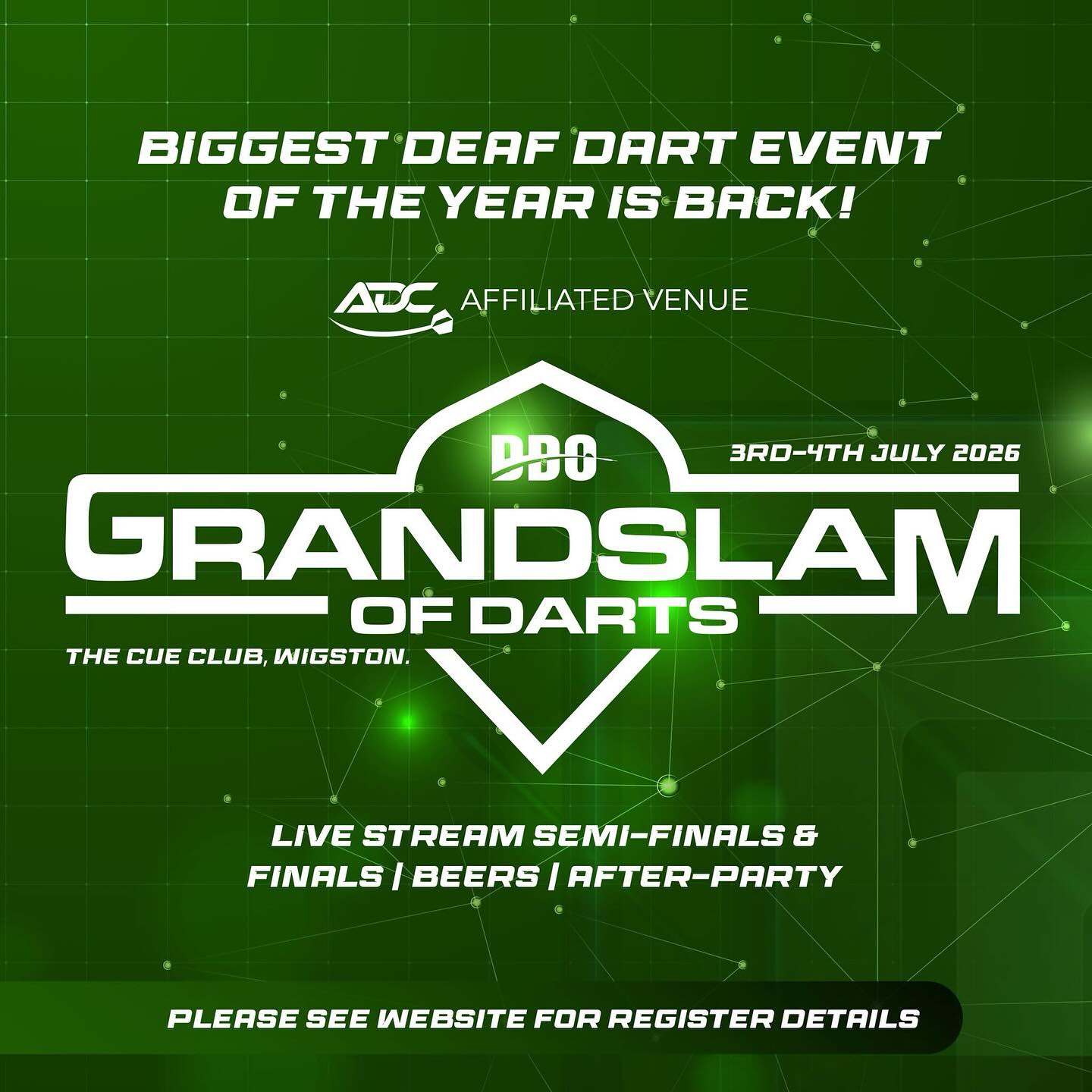 🎯 THE BIGGEST DEAF DARTS EVENT OF THE YEAR IS BACK — AND IT’S GOING OFF!
📅 3rd – 4th July 2026
📍 The Cue Club, Wigston, Leicester
💥 64 Men • 32 Ladies — Spots are LIMITED!
💥 Top 8 seeds from last year’s Grand Slam → Pot 1 (if they register again)
💥 International players welcome — the world’s best, all under one roof!
🔥 LIVE STREAM of the Semi-Finals & Finals — watch every nail-biting throw live on the venue’s screen and Social Media!
🍺 Cold beers, 🎉 insane party vibes, and memories that’ll last a lifetime!
⚡ THIS IS YOUR CHANCE TO HAVE YOUR NAME ON THE GRAND SLAM TROPHY LEGACY.
👉 Register NOW before the spots vanish into thin air: www.deafdarts.org
💸 Heads up: DDO have added £1.00 extra to your ticket to register your name on Dart Atlas — covering the app fees seamlessly. No extra hassle, just throw, compete, and shine!
💪 Are you ready to throw, cheer, and PARTY like never before?!
#DeafDarts #DartsEvent2026 #BSLCommunity #GameOn The Cue Club #DDO #DeafDartsOrganisation