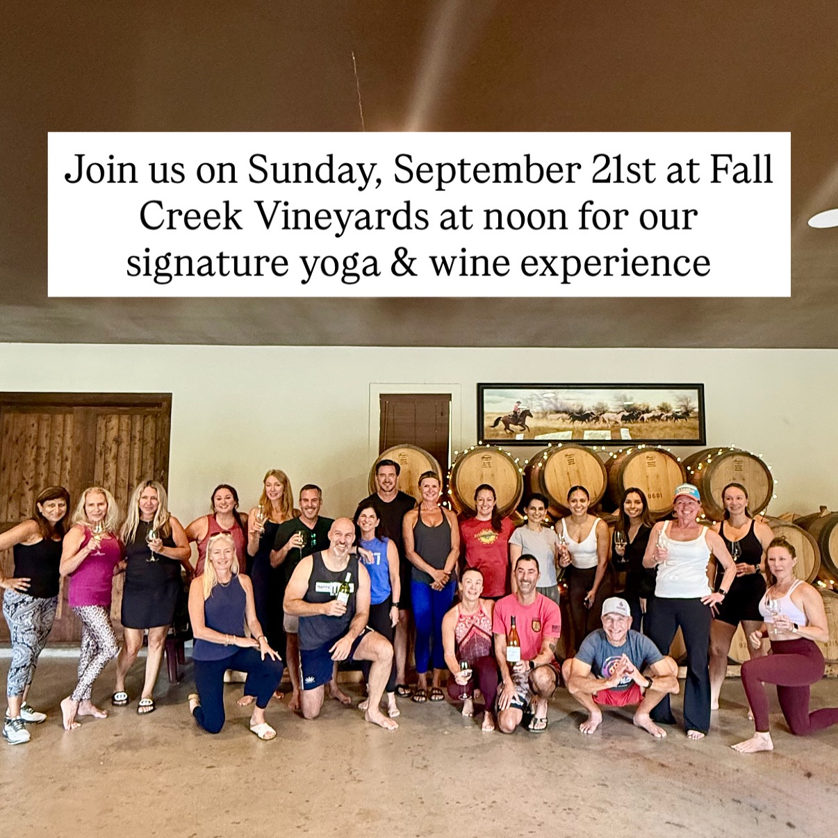 Our next class at @fallcreekvineyards is on the calendar! Join us on Sunday, September 21st at noon for our signature yoga & wine experience, which includes an all-levels yoga flow infused with wine facts, followed by a mindful tasting of two wines. 🧘🏽♀️🍷