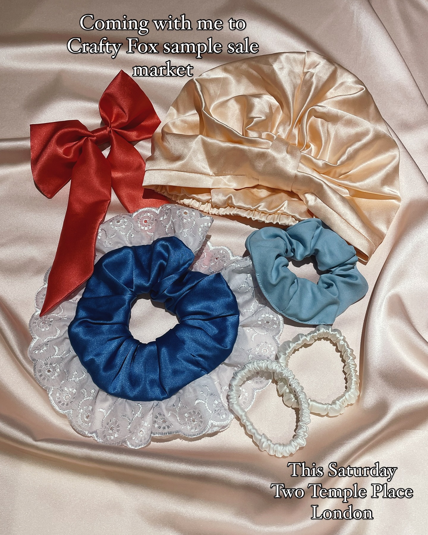 A small preview at some of the pieces that will be coming with me (and Raff) to the @craftyfoxmarket sample sale on Saturday. Nearly everything will be 50-70% off and I also have a railā¦to bring some clothing including some beautiful classic silk t shirts and dresses with even bigger discounts!
This Saturday 30th August 11am - 5pm
Two Temple Place, London, WC2R 3BD
Image description- 1. A bright coral silk hair bow, peach silk sleep cap, matte pale blue silk scrunchies, two white silk hair elastics and a mid blue silk scrunchie with white broderie anglaise outer ruffle
2. A red and white gingham print silk scrunchie with white broderie anglaise outer ruffle, pale blue silk headband and two colour block silk scrunchies each made up of three different colours
3. A mid pink silk bag with pale purple ruffle edge, a white silk hair elastic, a matte pale purple silk scrunchie and a pale pink silk scrunchie with multicoloured pastel floral outer ruffle