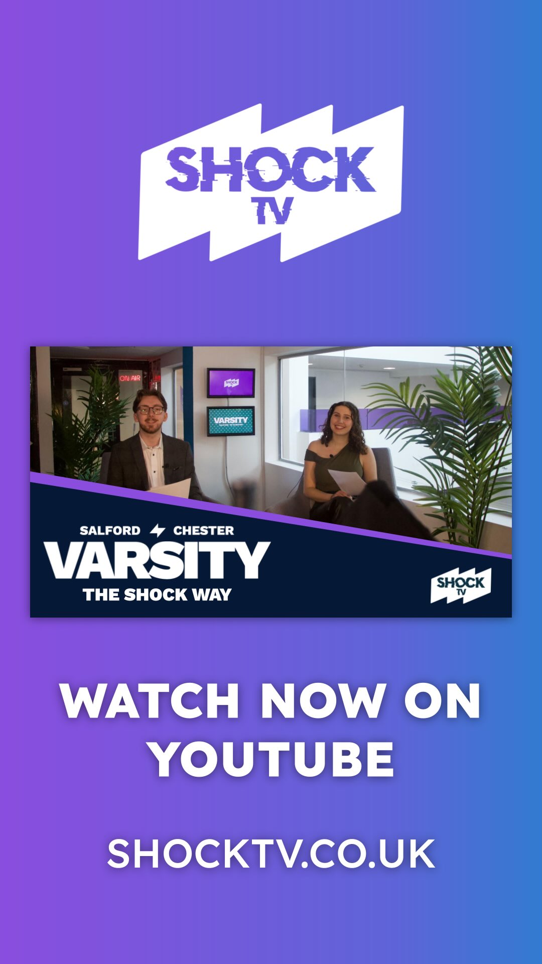 The BTS documentary from Salford’s biggest varsity yet is here! Check out everything we got up to on the day through the eyes of the crew!
Subscribe to Shock TV on YouTube to watch more of Varsity 2025 through our live broadcasts! ⚡️
