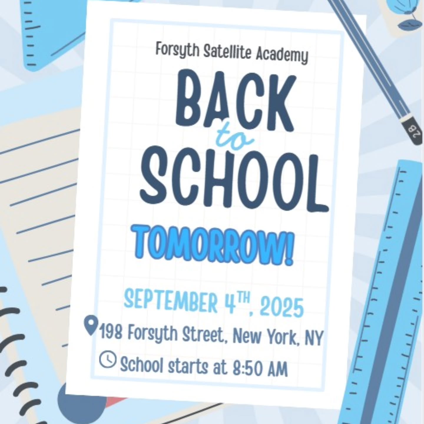 Make sure you get a good night's sleep! See you all tomorrow!
#backtoschool #firstdayofschool #forsythsatelliteacademy#highschool #nyc #transferschools #nychighschools #alternativehighschools #schoolisfun #experientiallearning