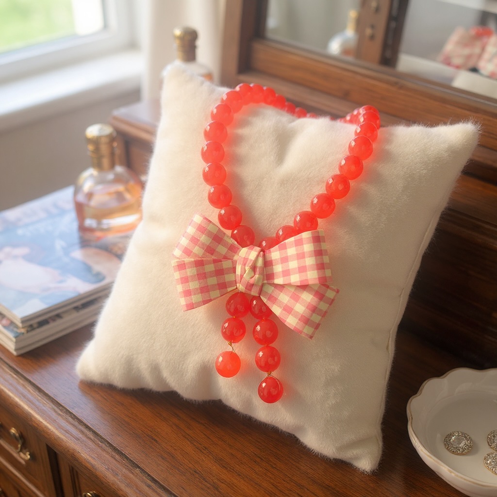The Autumn Harvest Bow Necklace: A perfect blend of whimsical charm and vibrant color, this necklace is a true statement of grace. At its center lies a beautifully sculpted, gold-toned bow, with a detailed knot-like texture that gives it a unique and delicate charm. From this elegant centerpiece hangs a brilliant cascade of faceted beads in a warm palette of orange and red hues. The beads vary in size, creating a dynamic and fluid drop that adds a sophisticated pop of color to your look. This necklace is an ideal accessory for elevating a simple neckline or bringing a touch of playful romance to any special occasion.