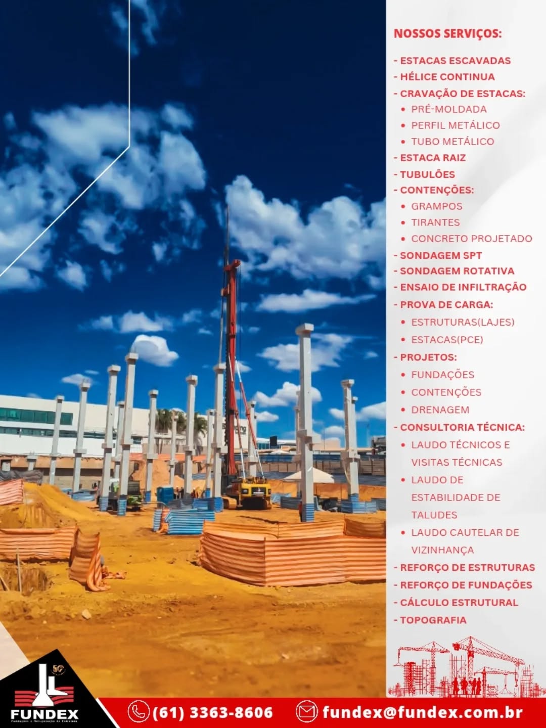 🏗️ Fundex na expansão do ParkShopping Brasília!
Estamos executando serviços de fundação com estacas hélice contínua, garantindo precisão, qualidade e segurança em mais uma grande obra que impulsiona o desenvolvimento da cidade.
Com tecnologia e experiência, reforçamos nosso compromisso em entregar soluções em fundações que fazem a diferença.