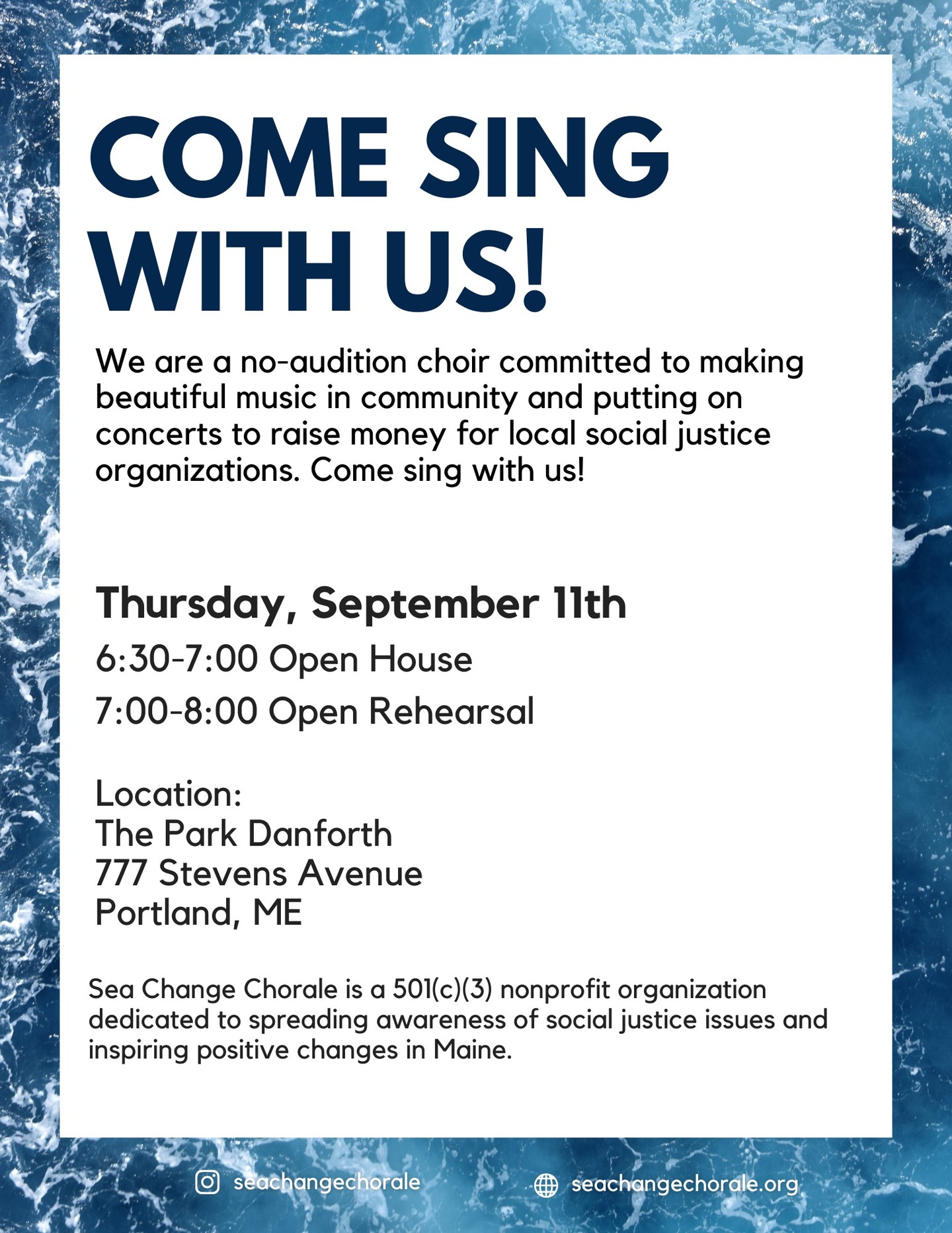 Come Sing With Us!
Join us for our September Open House and sing along with your favorite local choir for social justice!
Hope to see you there!