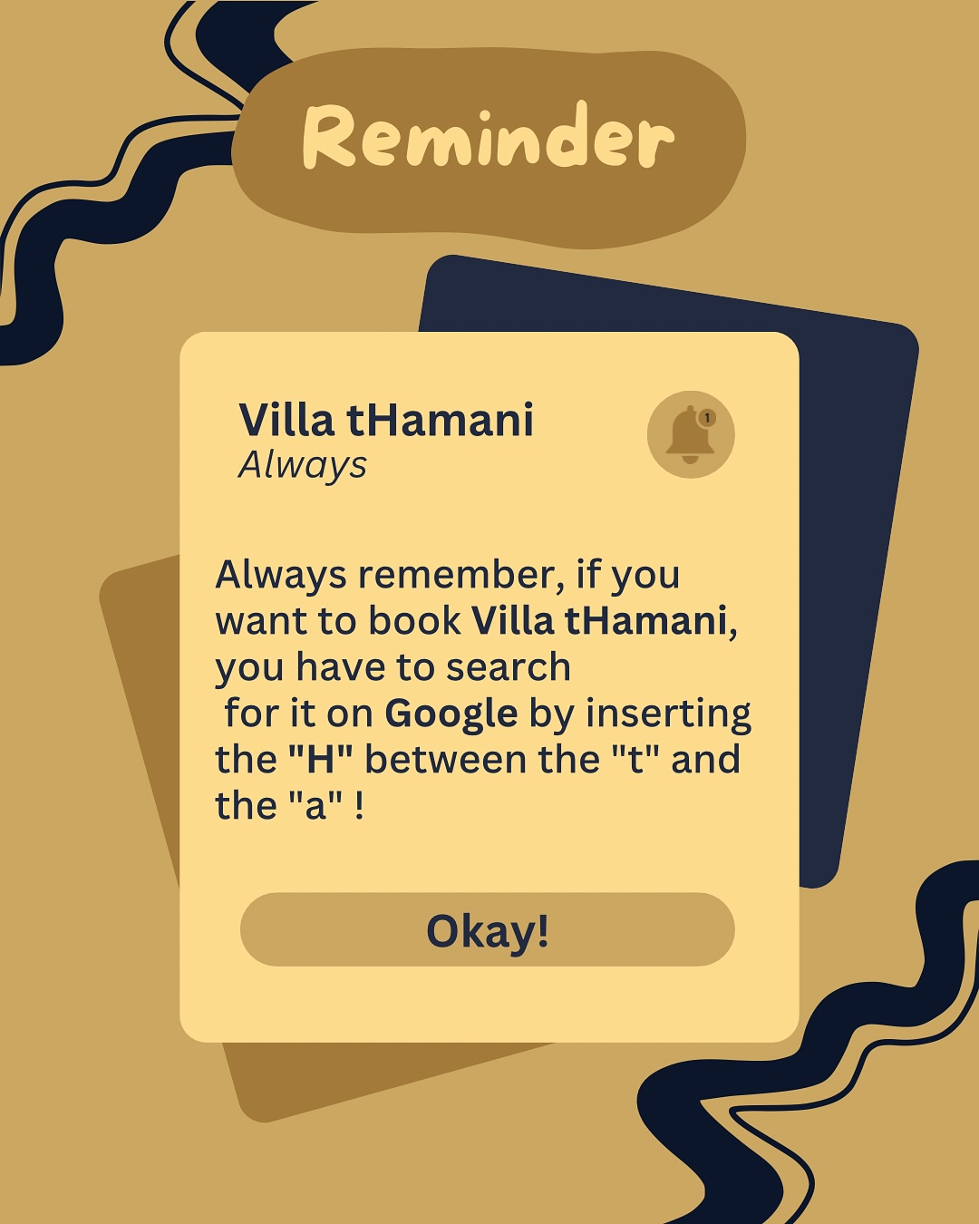🇬🇧 English
Reminder: Villa Thamani is spelled with an H ✨
There are other places with similar names, but you can’t go wrong: always look for the H and our diamond logo 💎 – the symbol of “Thamani”, meaning precious.
🇮🇹 Italiano
Attenzione: Villa Thamani si scrive con la H ✨
Ci sono altri luoghi con nomi simili, ma non puoi sbagliarti: cerca sempre la H e riconoscerai il nostro logo con il diamante prezioso 💎, simbolo del significato di “Thamani”.