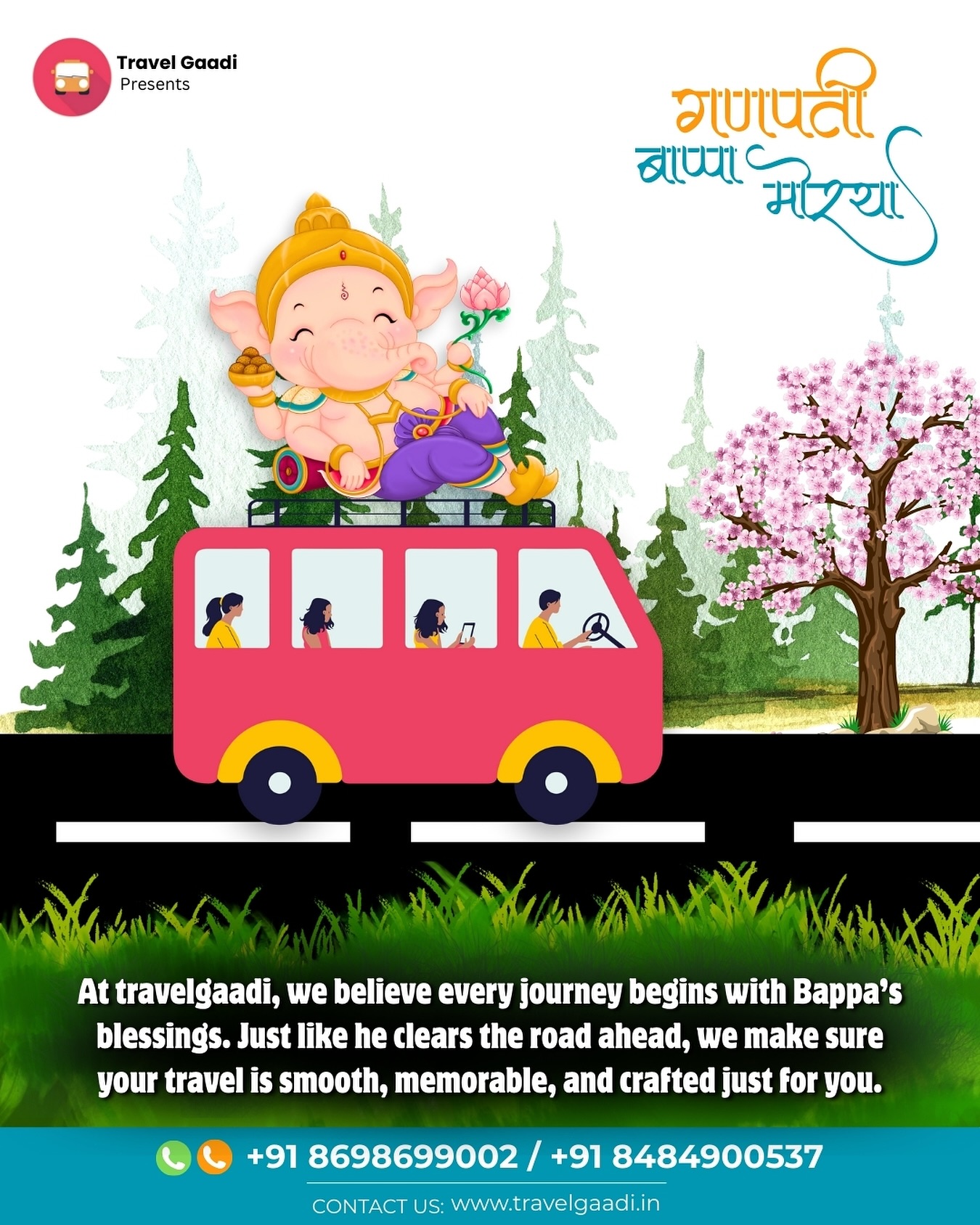 🌸✨ गणपती बाप्पा मोरया ✨🌸
Travel Gaadi कडून तुम्हा सगळ्यांना गणेशोत्सवाच्या हार्दिक शुभेच्छा 🙏
प्रत्येक प्रवासाची सुरुवात बाप्पाच्या आशीर्वादानेच होते,
आणि आम्ही खात्री करतो की तुमचा प्रत्येक प्रवास सुखकर, संस्मरणीय आणि खास होईल. 🚌💫
आमच्यासोबत तुमचा पुढचा प्रवास आजच बुक करा:
📞 +91 8698699002 / +91 8484900537
🌐 www.travelgaadi.in
#travelgaadi #tgadventure #pune