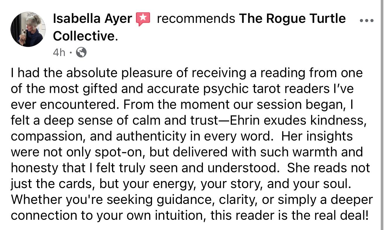 It’s reviews and feedback like this that makes me so happy I got over my fears and started opening up my readings for others.
Thank you Isabella for trusting me with your energy and for such a kind review. I appreciate your words with all of my heart!
🫶🏼 🫶🏼 🫶🏼