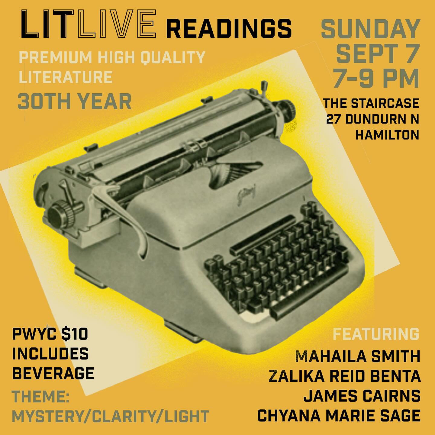 WE’RE BACK, BABY!! Join us at @thestaircase for our 2025-26 LIT LIVE Season Opener featuring @mahaila.blaise @zalikarb @jamesicairns & @softasbones 🎤📖🎤 SEPT 7, 7PM!! See you there! #hamont #readingseries #writingcommunity #canlit