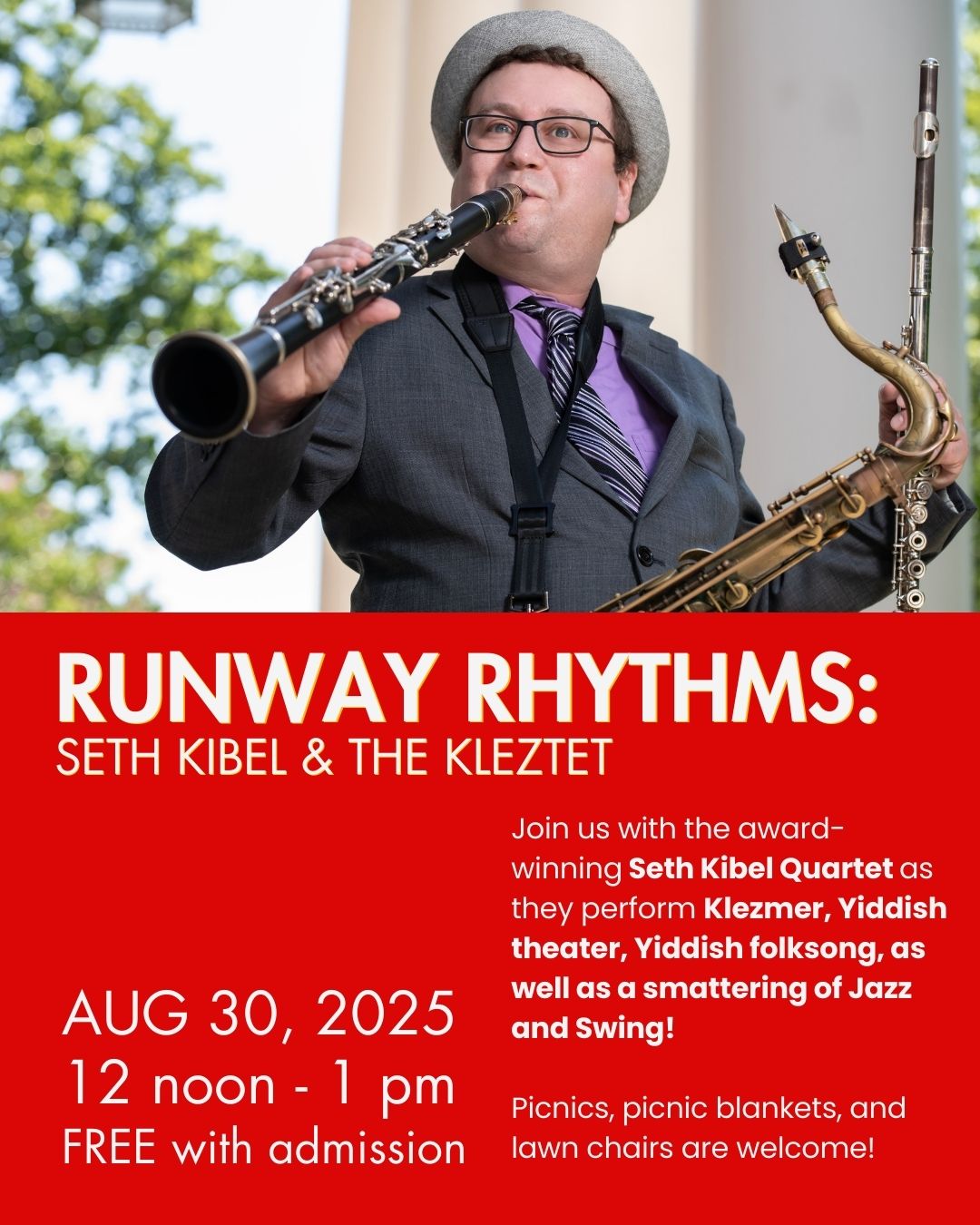 This Saturday from noon - 1pm, get your feet tapping during our annual summer courtyard concert series with the award-winning Seth Kibel Quartet as they perform Klezmer, Yiddish theater, Yiddish folksong, as well as a smattering of Jazz and Swing!
Free with admission
Picnics, picnic blankets, and lawn chairs are welcome, and light refreshments will be available for purchase.