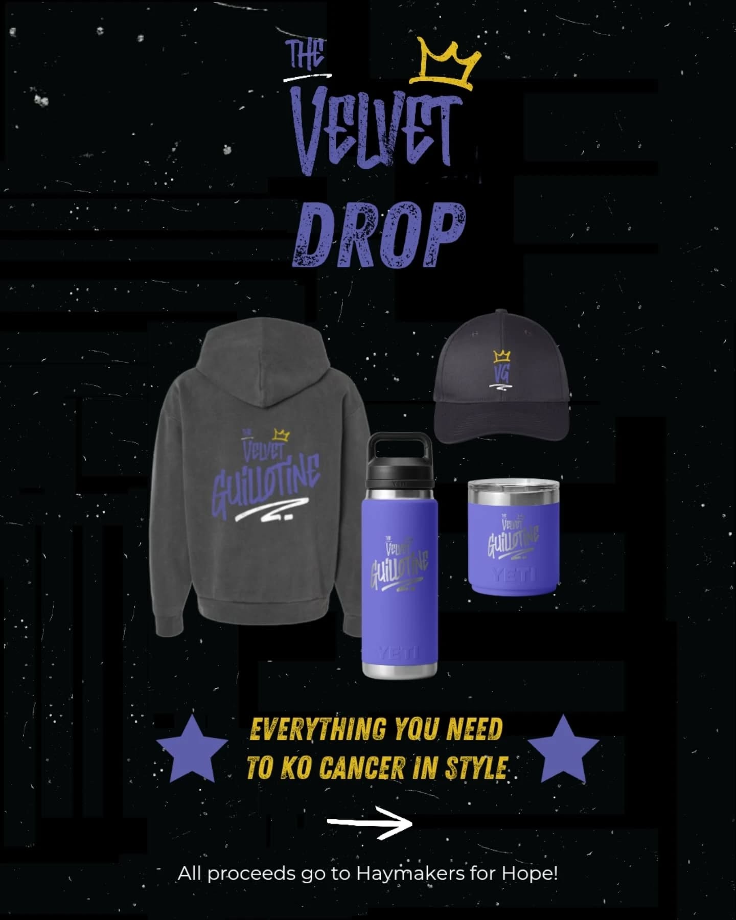 🥊✨ It’s here: The Velvet Drop! ✨🥊
Exclusive gear. Bold style. Bigger impact.
From the Statement Sweatshirt to the Knockout Kit, every piece helps you back your favorite fighter and deliver the ultimate blow—KO cancer.
All proceeds benefit @haymakers4hope.
DM orders or visit Shop Now link in bio.
Limited run. Maximum fight.
Once it’s gone, it’s gone. 👊
🖤 Shop The Velvet Drop today & join the fight.
#TheVelvetDrop #KOCancer #VelvetGuillotine #FightBack