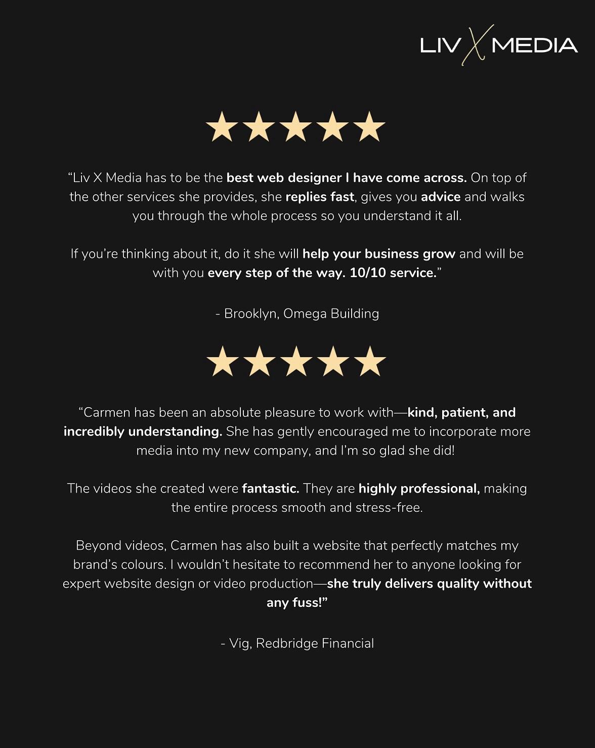 Liv X Media 🤝 Happy Clients
We are the Global Creative Agency you’ve been searching for:
• Web Design
• Branding & Logo Design
• Content Creation
• Social Media & Marketing
• Print Design
We work closely with you to create your vision whilst authentically representing your brand.
Contact enquiries@livxmedia.com, DM us today or check livxmedia.com for our prices and packages.
#webdeveloper #webdesign #graphicdesign #logo #branding #website #newwebsite #websitedesign #wix #shopify #wordpress #websitelaunch #womeninbusiness #londonmarketingagency #designinspo #photographer