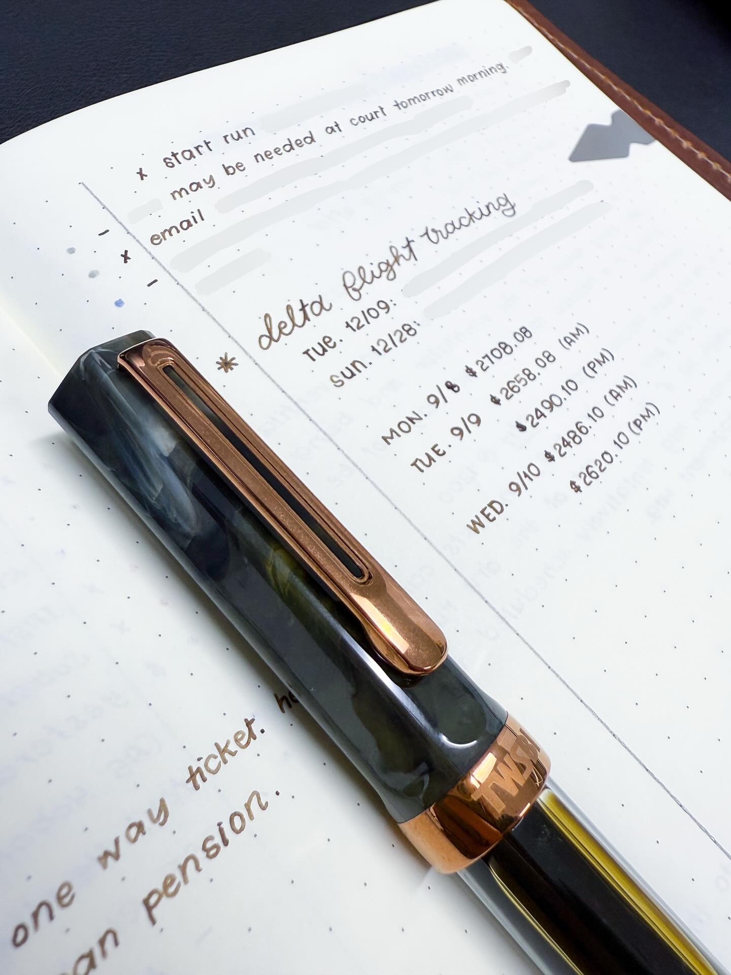 🖋️ A day in my bullet journal.
I never know if it’s worth posting my bullet journal to IG. I feel like I always end up blurring a lot. 🤔 But anyway, I’m really loving this Platinum Classic Khaki Black ink on the Leuchtturm1917 paper! I think it’s a perfect pairing.
Photographed:
@twsbi Eco Serpentine <EF> with @platinumpenusa Classic Khaki Black ink
@leuchtturm1917usa B6+ Dot Grid notebook