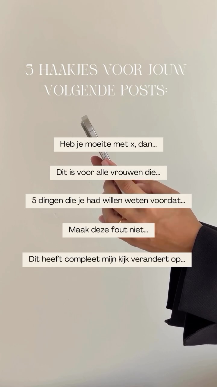 Met scroll-stopping “hooks” trek jij binnen no-time de aandacht. Dit zijn 5 hook ideas voor jouw eerstvolgende posts! Bedenk een interessante invulling en pas haakjes consistent toe voor succes. 🫶🏼📝
Welke hook trekt jouw aandacht?
#hooks #hookideas #haakjes #scrollstopping #instagramhaakjes #postideas #reelidee #reelinspiratie