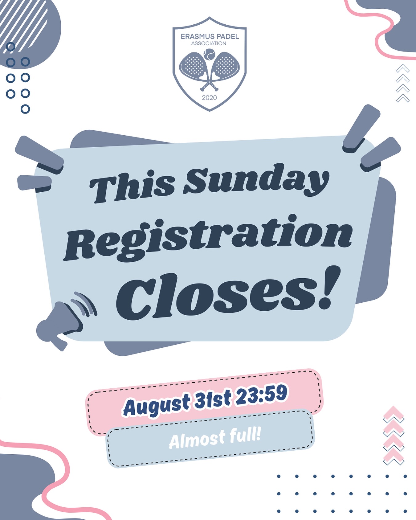 ❗️ Our association is almost full! Sign up before it’s too late! ❗️
We almost reached our maximum amount of members for the upcoming year! 🥳
There are only a few spots left, so don’t hesitate to sign up or you’ll be too late!!
You can still sign up until 23:59 of August 31st via the link in our Instagram bio or our website!
Everyone who signed up after the maximum number of members was reached will be put on a waiting list..
There is a really small possibility that you’re able to join further into the year, but you will for sure miss our awesome introductory month! 🥺💙