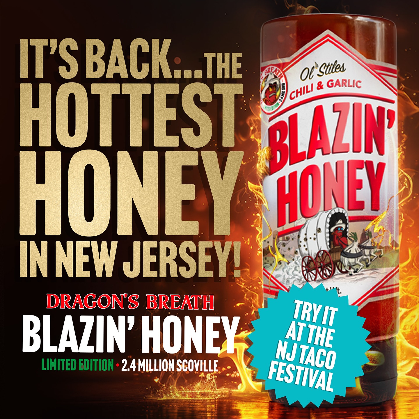 We’ll be attending this year’s 10th anniversary of the @njtacofestival and we’re bringing the big guns. In addition to our honey we’ll have barrel-aged honey, Blazin’ Honey, and our extremely hot version made with Dragon’s Breath peppers!🌶️ 🌶️ We look forward to seeing you there 🥵🤯🫡 #tacos #newjersey #sussexcounty #honey #myblazinhoney #foodie #njfood #luchador #wrestling #chihuahualife