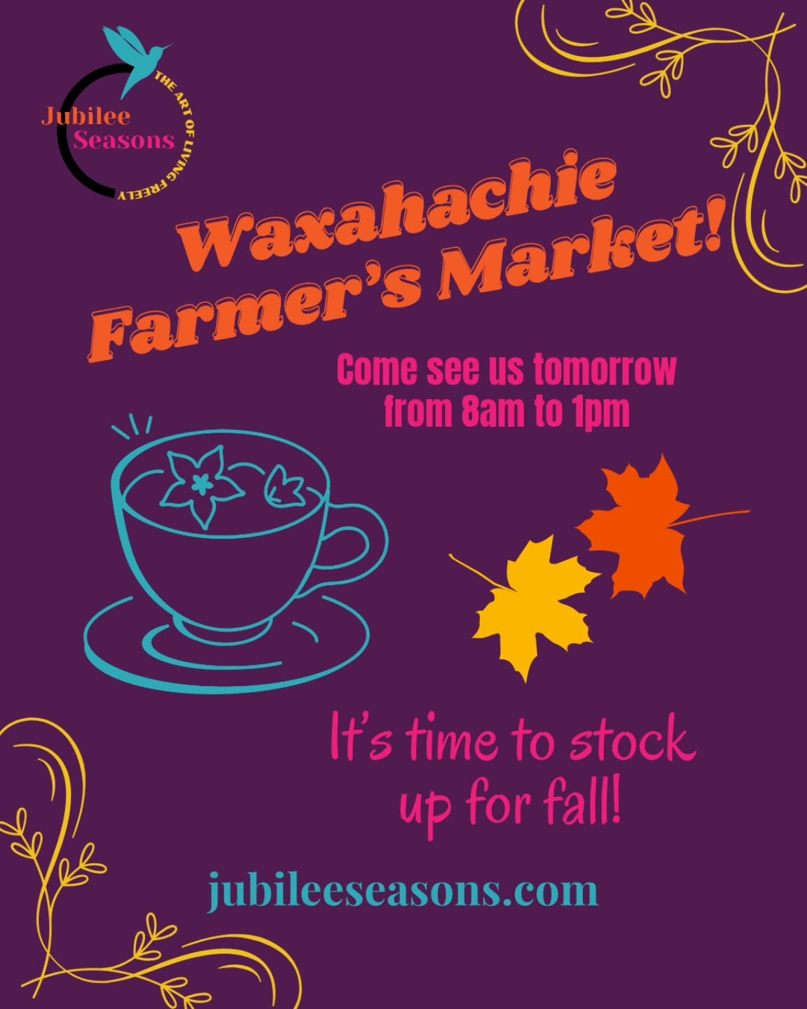 Y'all, it's time for fall! And even though there is a chance of rain tomorrow, the Waxahachie Farmer's Market has got you covered. Literally! You can find Jubilee Seasons at the market every 2nd and 4th Saturday, and when there is a 5th.