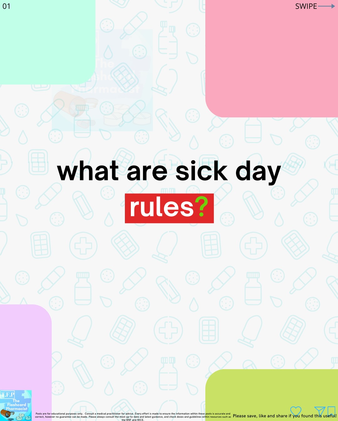 ⚠️ Sick Day Rules – Key Points
When a patient becomes acutely unwell (especially with vomiting, diarrhoea, fever, sweats, or poor oral intake), some medicines should be temporarily stopped until the patient is well again and eating/drinking normally.
Here is a handy mneumonic to help you remember!
#pharmacy #pharmacist #foundationpharmacist #pharmacytraining #clinicalpharmacy #reels #explorepage #pharmacyschool #mpharm #pharmd #pharmacology #pharmacologyrevision #foundationdoctor #GPregistrar #GPTraining #pharmacologyschool #revisepharmacology #preregistration #foundationtraining #nursetraining #nursestudent #pharmacystudent #medicinestudent #pharmacyquiz
#futurepharmacist #studentpharmacist