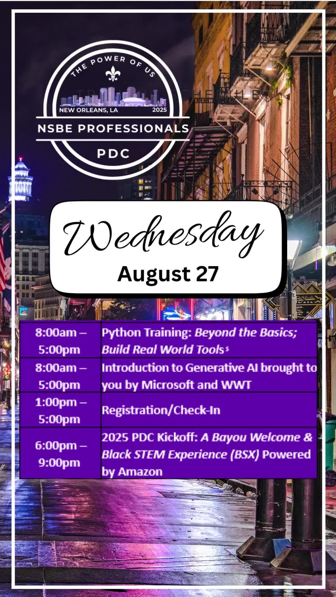 📅 NSBE 2025 Professional Development Conference
Day 1 | Wednesday, August 27
Welcome to the first official day of #NSBEPDC25 in New Orleans! 🎉
Get ready to dive into a day filled with dynamic workshops, networking opportunities, and impactful sessions designed to elevate your professional journey.
✨ Pro Tip: Visit the NSBE App to customize and update your daily agenda so you don’t miss a moment.
Stay tuned — we’ll be highlighting key sessions and events throughout the day. Let’s make day 1 unforgettable! 💛💜💚
#NSBEPDC25 #DiverseByUnity #NSBEProfessionals