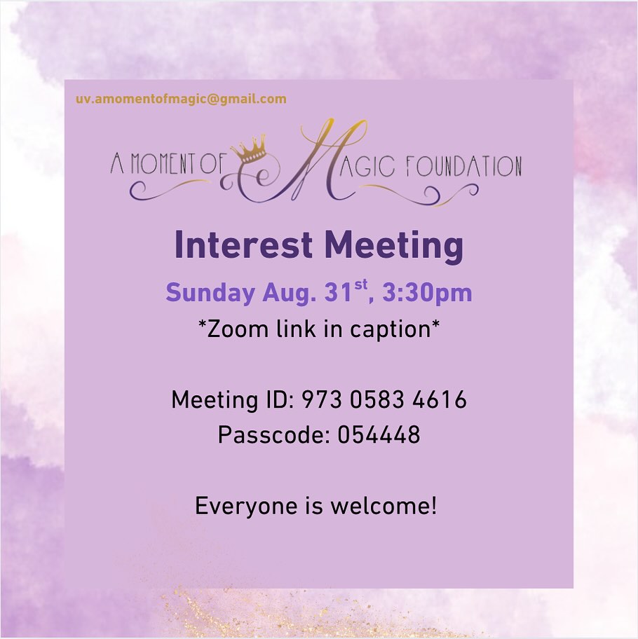 Join us on Zoom this Sunday (8/31) at 3:30pm for an interest meeting to learn more about what is means to be a part of A Moment of Magic💜✨ We hope to see you all there! https://virginia.zoom.us/j/97305834616?pwd=8Pbz99RVt2a152OA8EcWofvOQAs99o.1