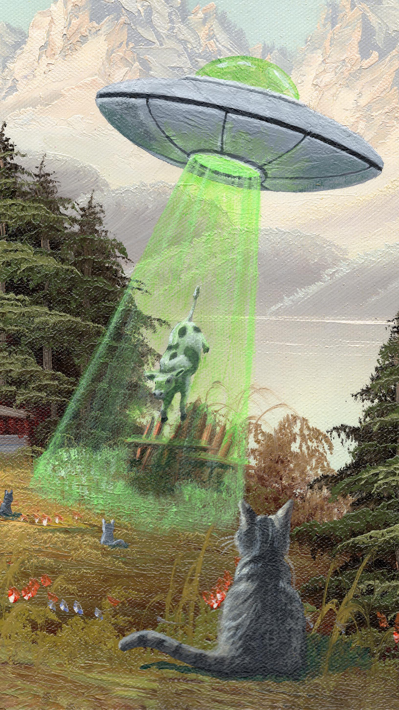 It’s not every day that a cow gets abducted by aliens. But when they do you can be sure I cat had a roll to play in it. But they’ll never tell you that. Feline Fable a tale as old as time in world of Felines, but you didn’t hear that from me.
•
#cats #alienabduction #aliens #upcycle #thrift #feline #yegart #thriftstorefind #unofficialcollaboration #abduction