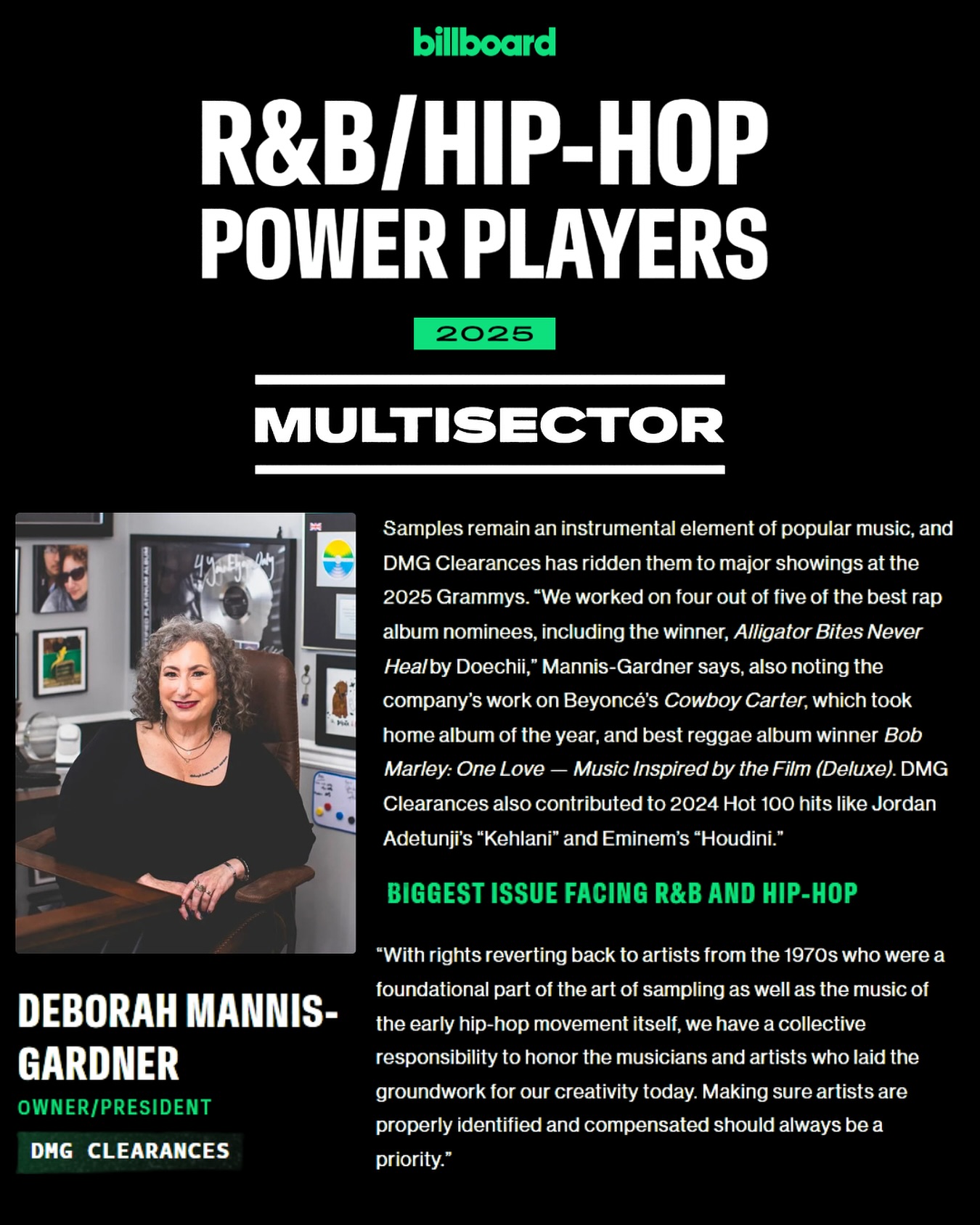 Back to back to back! Deborah has been named in @billboard R&B/Hip-Hop Power Players for the third year in a row! Congrats to Deborah! Long live the sample queen! Thank you to all of our clients for trusting us!