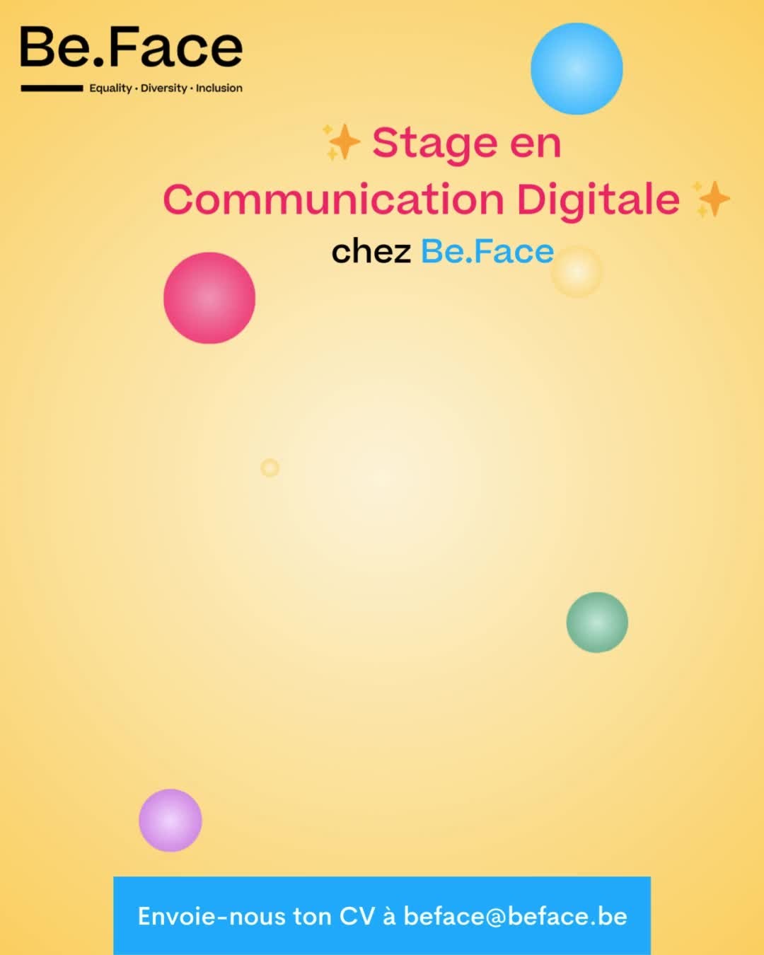 Stage en communication digitale - Septembre - Decembre 2025
(un peu de second degré pour bien commencer l'année académique 😝 )
🎬 Les montages vidéos n’ont aucun secret pour toi ?
💡 Tu vibres pour la communication digitale et tu adores tester de nouveaux outils & tendances ?
🙌 Tu cherches encore un stage où ta créativité a un vrai impact, dans une petite équipe sympa, bienveillante et engagée ?
Parfait! Be.Face recherche un.e stagiaire en communication digitale, réseaux sociaux, multimedia.
Envoie ton CV à beface@beface.be🤩
#BeFace #internship #jobopportunity #communication #communitymanager #socialmedia #joke #seconddegre #marketing #bruxelles