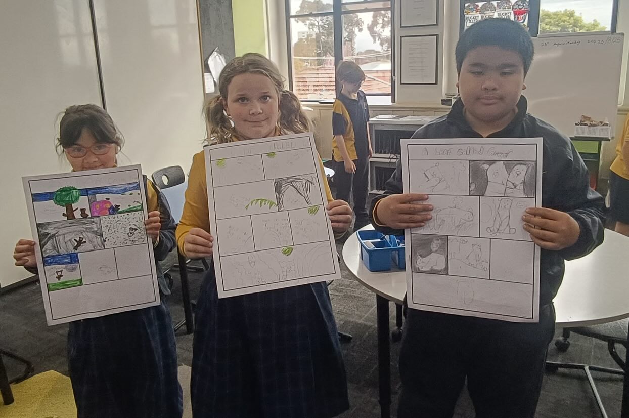 As part of Book Week, the year 3/4’s read ‘A Leaf Called Greaf’ and turned the story into their own comic strips, capturing the key events and themes.