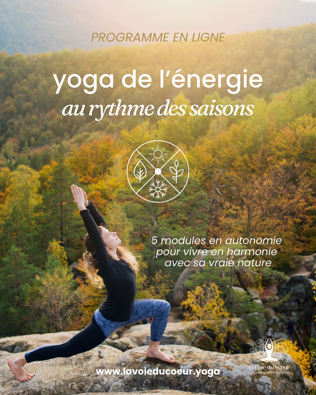 LANCEMENT 🚀🧘🏼♀️🌿
Yoga de l’énergie, au rythme des saisons.
Un programme 100% en autonomie
✨Je suis heureuse de te partager le lancement de ce nouveau programme de yoga en ligne, pour pratiquer à son rythme selon ses besoins, à chaque saison.
🍃Pour s’accorder aux mouvements de la nature, et faire de chaque saison une alliée précieuse, de connexion à soi, de transformation, d’harmonisation.
Un chemin d’équilibre intérieur, de vitalité et de paix, de joie.
🪷Cette pratique est accessible à tous.
Ce que tu trouveras :
🧘🏼♀️ Différentes pratiques de yoga courtes ou longues, mantra, méditation, relaxation, … pour pratiquer selon tes besoins.
👩🏻💻Un espace ressource en ligne :
Accessible à tout moment.
Des audios et vidéos à visionner en ligne, et à télécharger.
💌 un espace de partage et d’échanges
_
🍁🚀 Le programme « Ralentir, un voyage intérieur » démarre le 15/09.
Découvre plus de détails dans ce post, et sur le site : www.lavoieducoeur.yoga (lien en bio)
Pour toute inscription avant le 7 septembre minuit et profites de l’offre de lancement, au tarif de 49€ au lieu de 60€ !
Inscription : lien en bio.
A très vite sur le tapis !
OM shanti,
Bérénice - Sri Devi
.
.
.
.
#yoga #yogadelenergie #programmeenligne #yogadessaisons #yogadesaison #evian #yogafrance #conscience #automne #joie #equilibre #harmonie