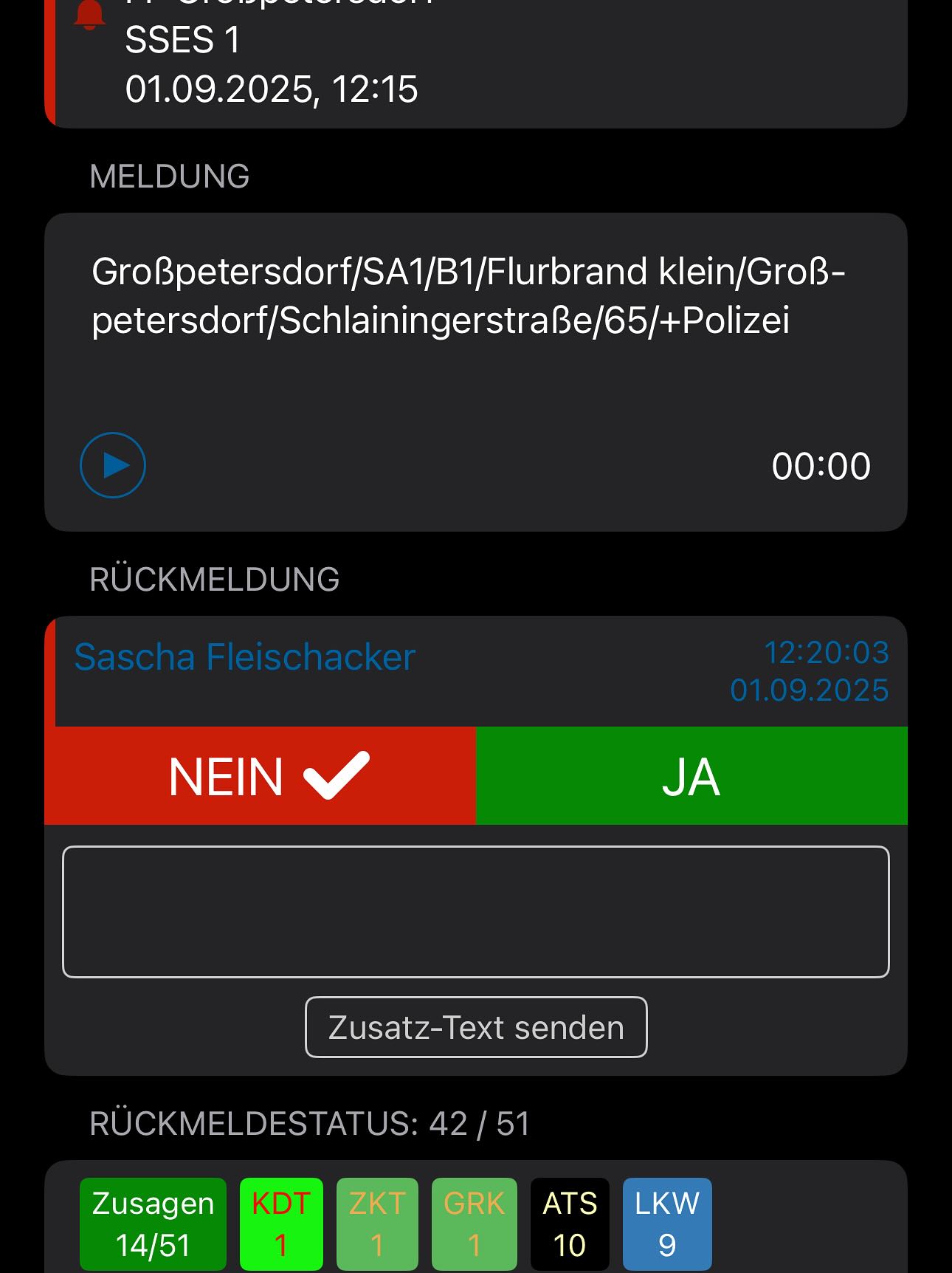 ‼️🚨01.09.2025 - 12.15Uhr - Brandalarm Flurbrand‼️🚨
Ausgerückt wurde mit KDOF, TLF4000, RLFA2000 und VF-A zum Einsatzort. Dort konnte der Flurbrand rasch unter Kontrolle gebracht werden und der Einsatz schließlich „in der Mittagspause“ abgearbeitet werden.
(c) SJF