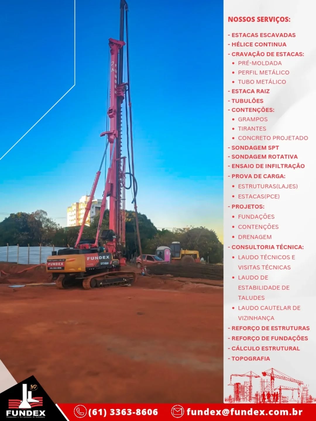 🚇 Fundex na expansão do metrô de Brasília!
Estamos executando serviços de fundação com estacas hélice contínua, garantindo segurança, precisão e qualidade para uma obra de grande impacto para a mobilidade urbana.
Mais uma vez, mostramos a força da nossa equipe e tecnologia para entregar resultados que transformam a cidade.