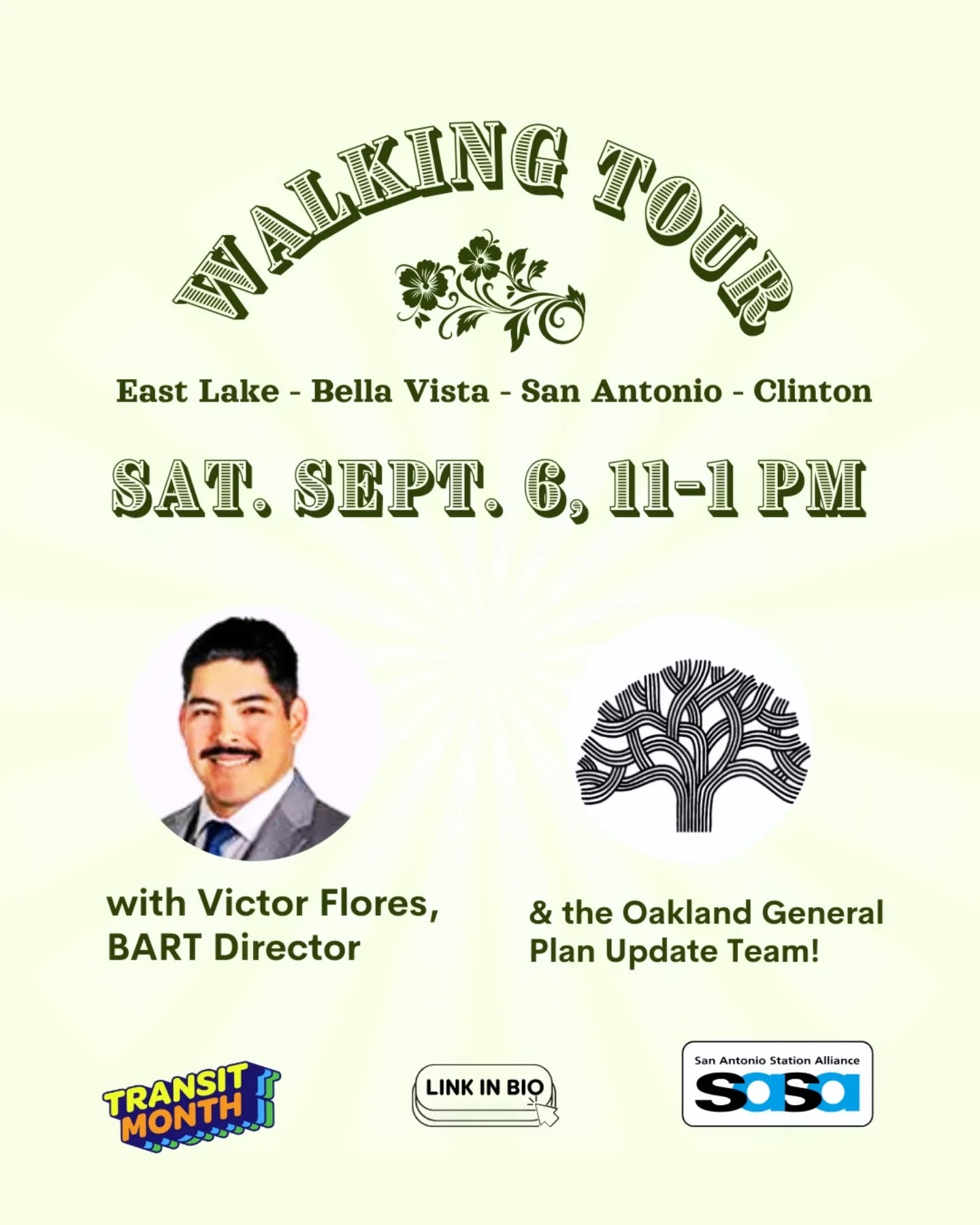 Join us 💛 -- we at SASA are so excited to share about our neighborhood, through the voices of locals- Rev. James Polk, BART Dir. Victor Flores, Gordon Douglas, and more community voices. Learn some history, examine the present, and talk about the future with the Oakland General Plan team!We look forward to seeing you Saturday September 6! Pleeeeease RSVP with the link in our bio (or check our stories)- we have a restaurant stop at the end and want to provide food for everyone!
Link: https://lu.ma/kd571uay
@victorflores_bart @san.antonio.neighbors.alliance
@oakland @philomenaoakland @seamlessbayarea
#transitmonth #bayarearapidtransit #oaklandgeneralplan
