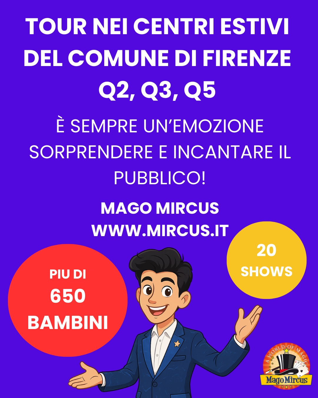 ✨🎩 20 SHOWS + DI 650 BAMBINI 🎩✨
Ogni spettacolo è un viaggio unico, pieno di sorrisi, stupore e magia.
Per me È SEMPRE UN’EMOZIONE SORPRENDERE E INCANTARE IL PUBBLICO, soprattutto i più piccoli 💫
Un grazie speciale ad Aldia Cooperativa Sociale e a tutti i centri estivi del Comune di Firenze (Q2, Q3, Q5) per aver reso possibile questo tour 🧡
👉 Vuoi rendere indimenticabile il tuo prossimo evento?
📩 Contattami
🌐 www.mircus.it
📞 055 8979915