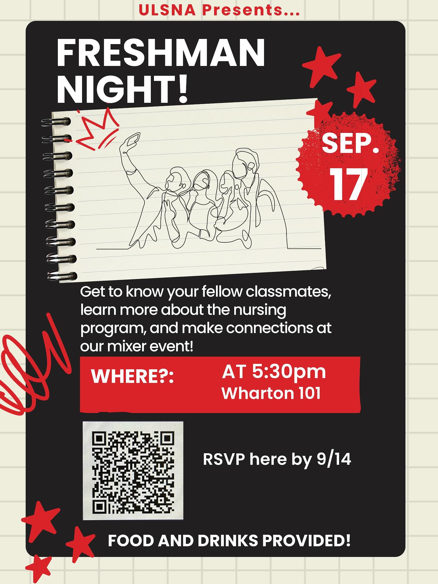 Join us for Freshman Night! ❤️🩺
Come hang out with us for a fun night of games, learn more about the nursing programs, and network with other nursing students. Food and drinks will be provided!
All nursing students are welcome!! 🤗
Please RSVP by September 14th by scanning the QR code! Can’t wait to see you guys there! ❤️🤟